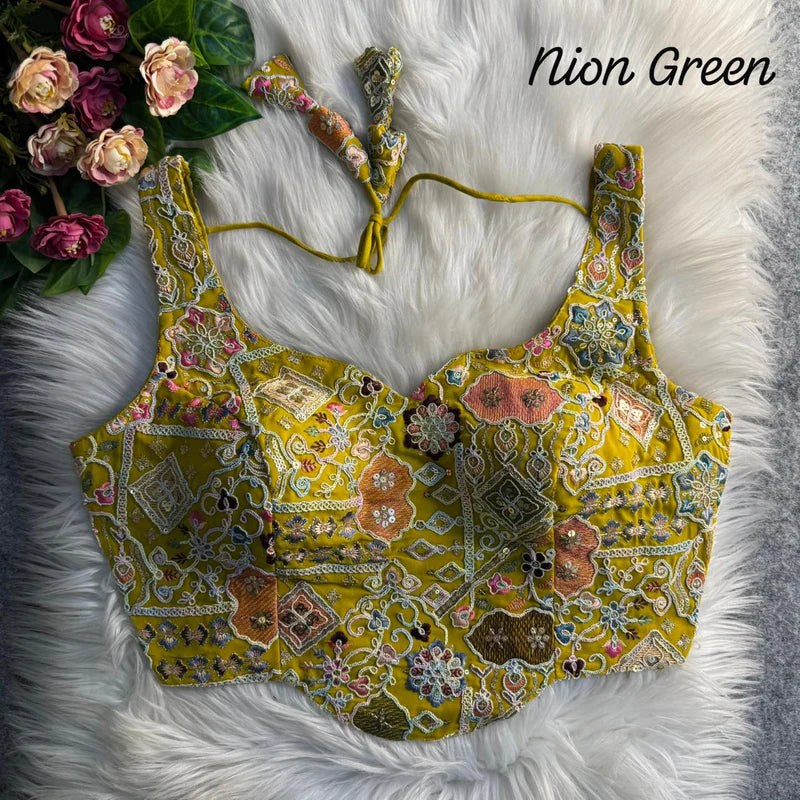 Neon Green Glam Luxe Corset Sequins Embroidered Blouse Fox Georgette Partywear