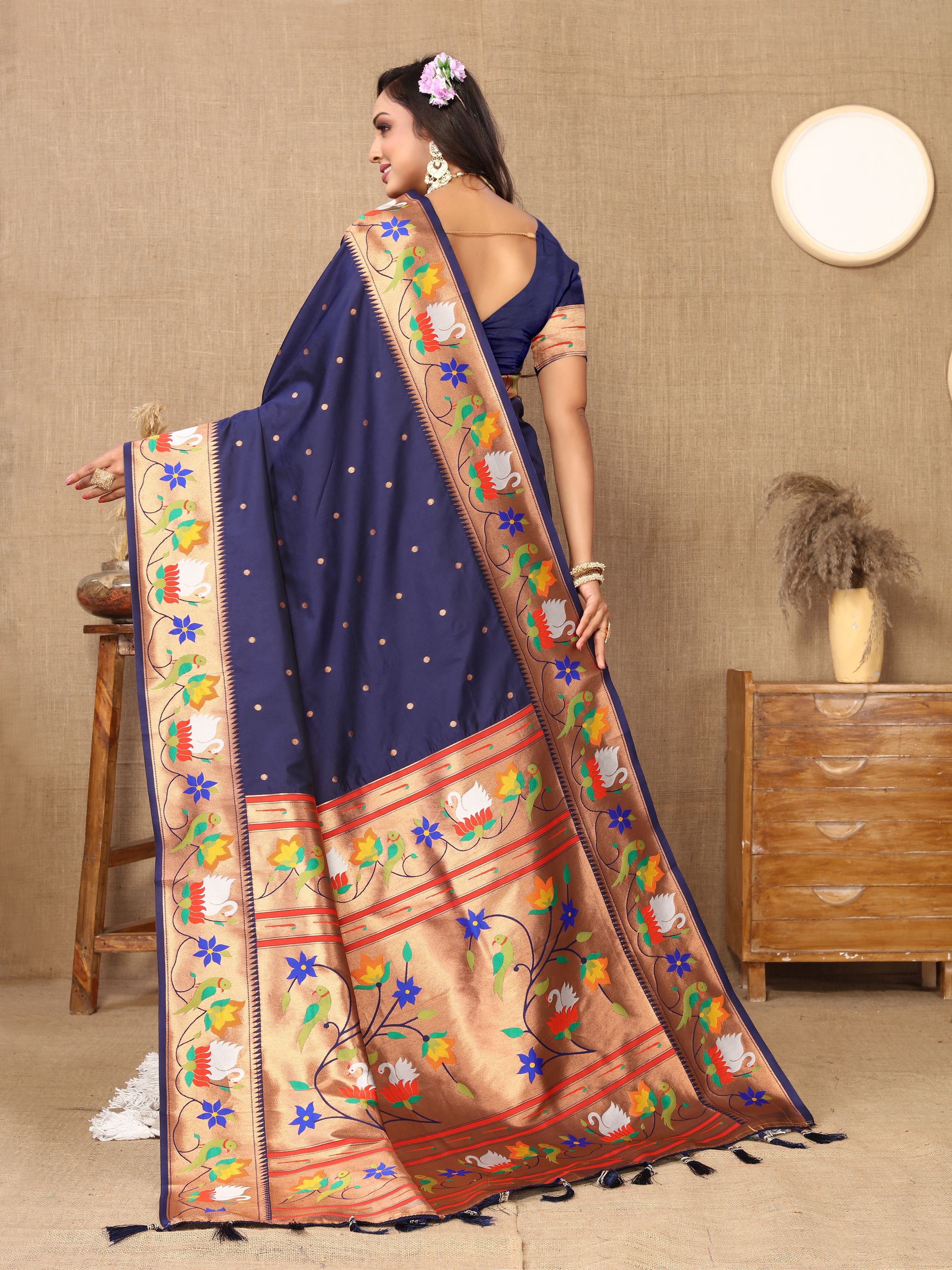 Nevy Blue Paithani Silk Woven Meenakari Paithani Designer Saree