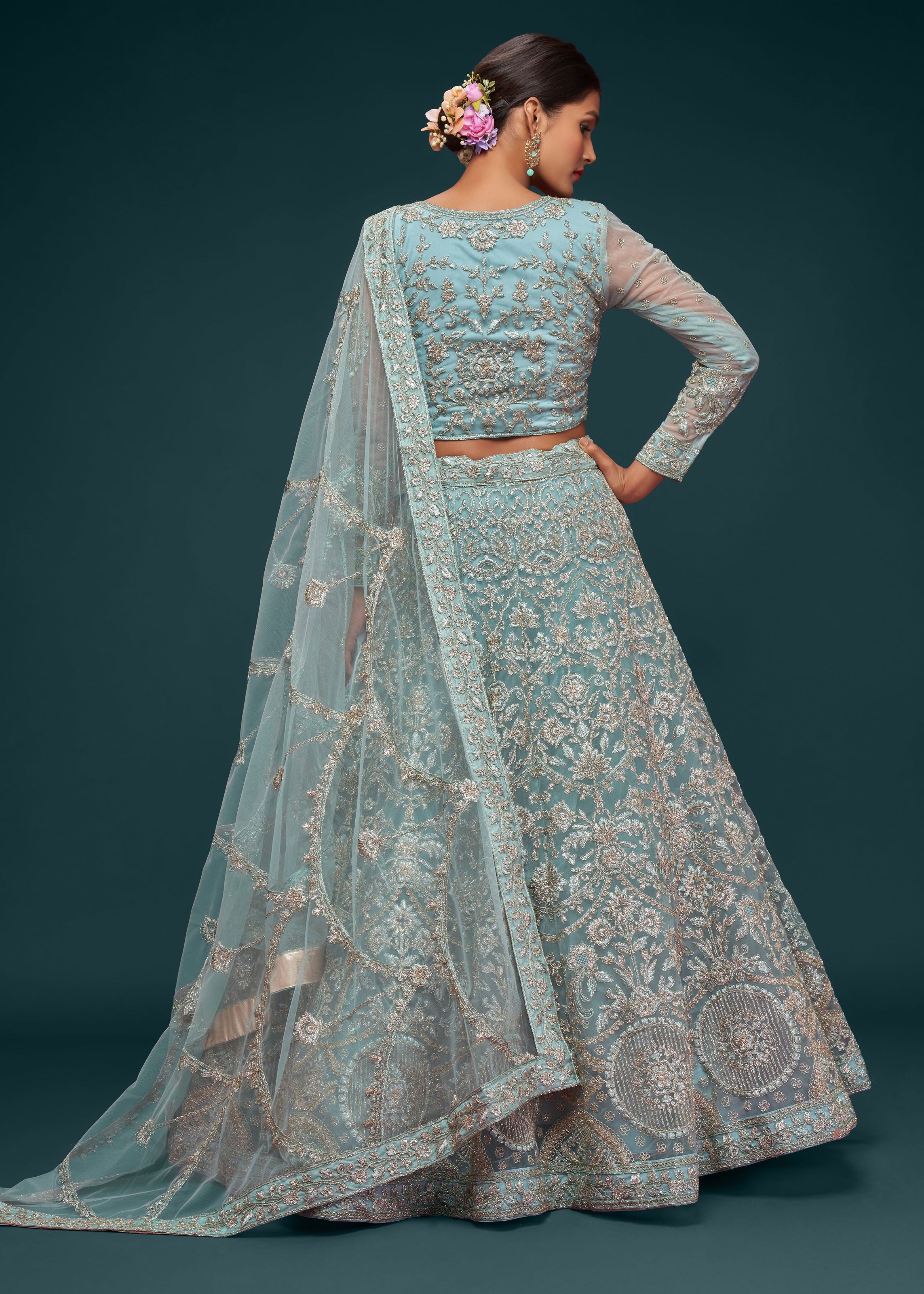 Ocean Aqua Lehenga Choli With Thread, Zari, Badla And Glitter Dori Embroidery Work