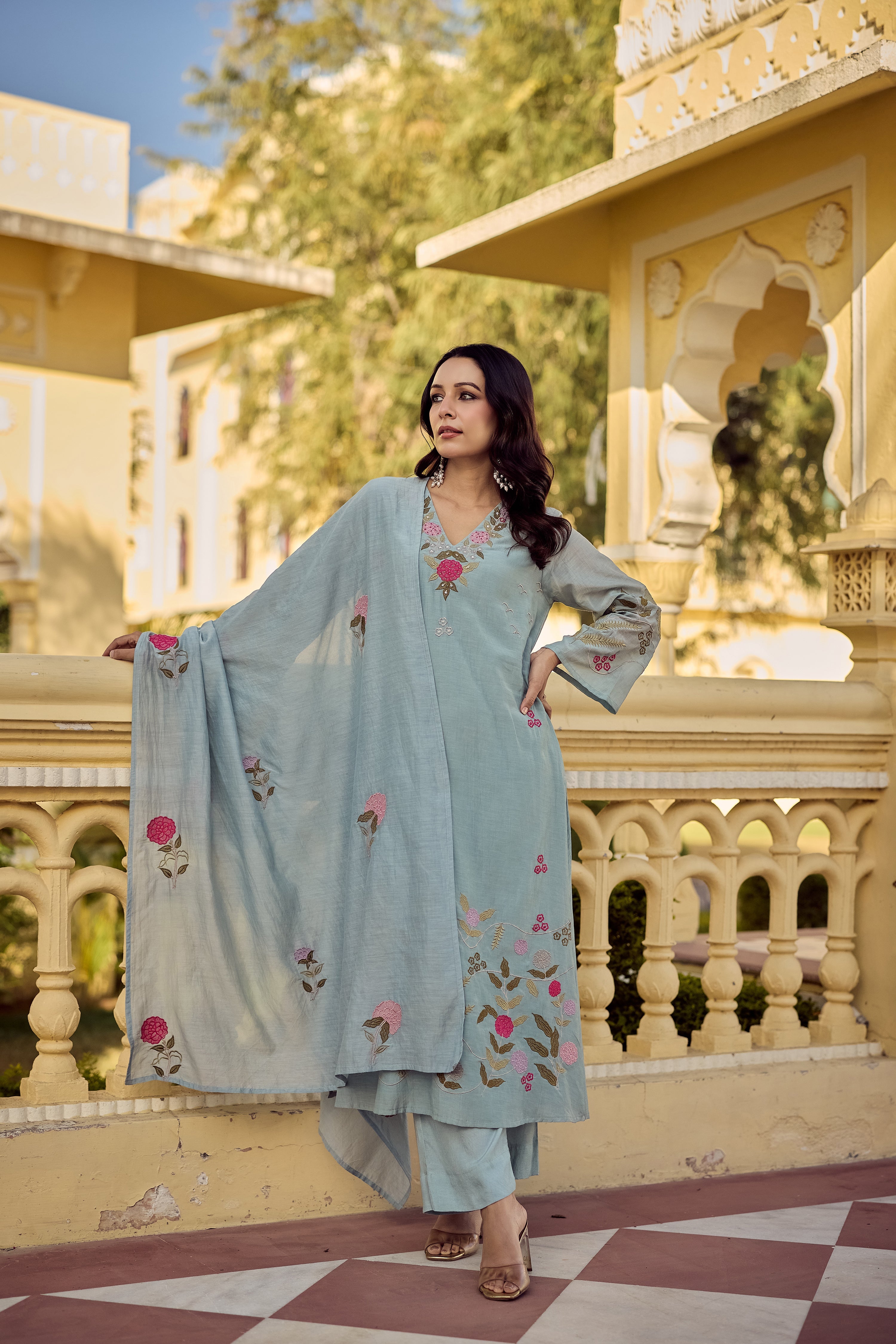 Ocean Mist Chanderi Silk Kurta Pant Set With Heavy Thread Embroidery Work