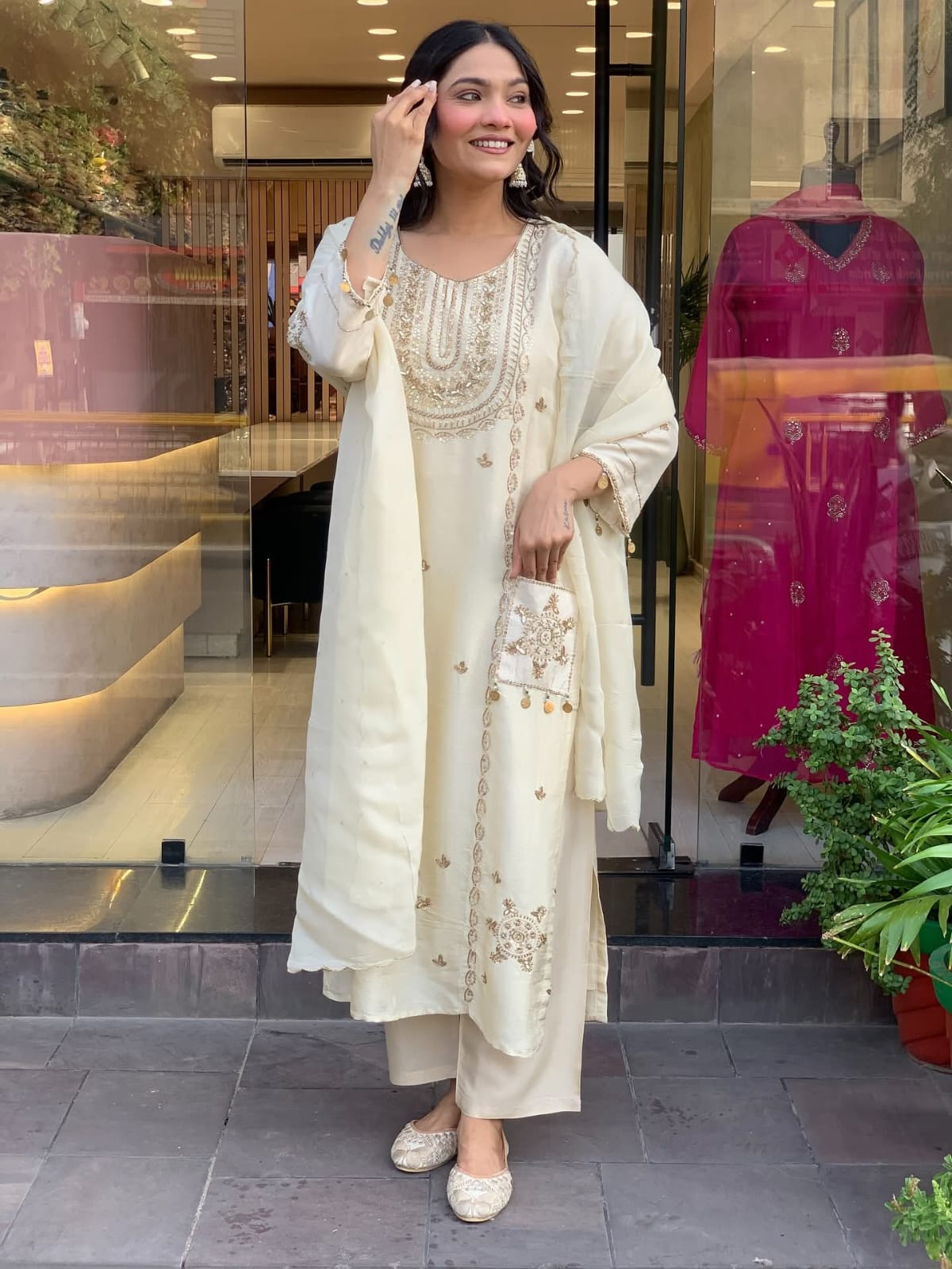 Off White Art Silk Kurta Pant Set With Thread Embroidered With Sequins Work