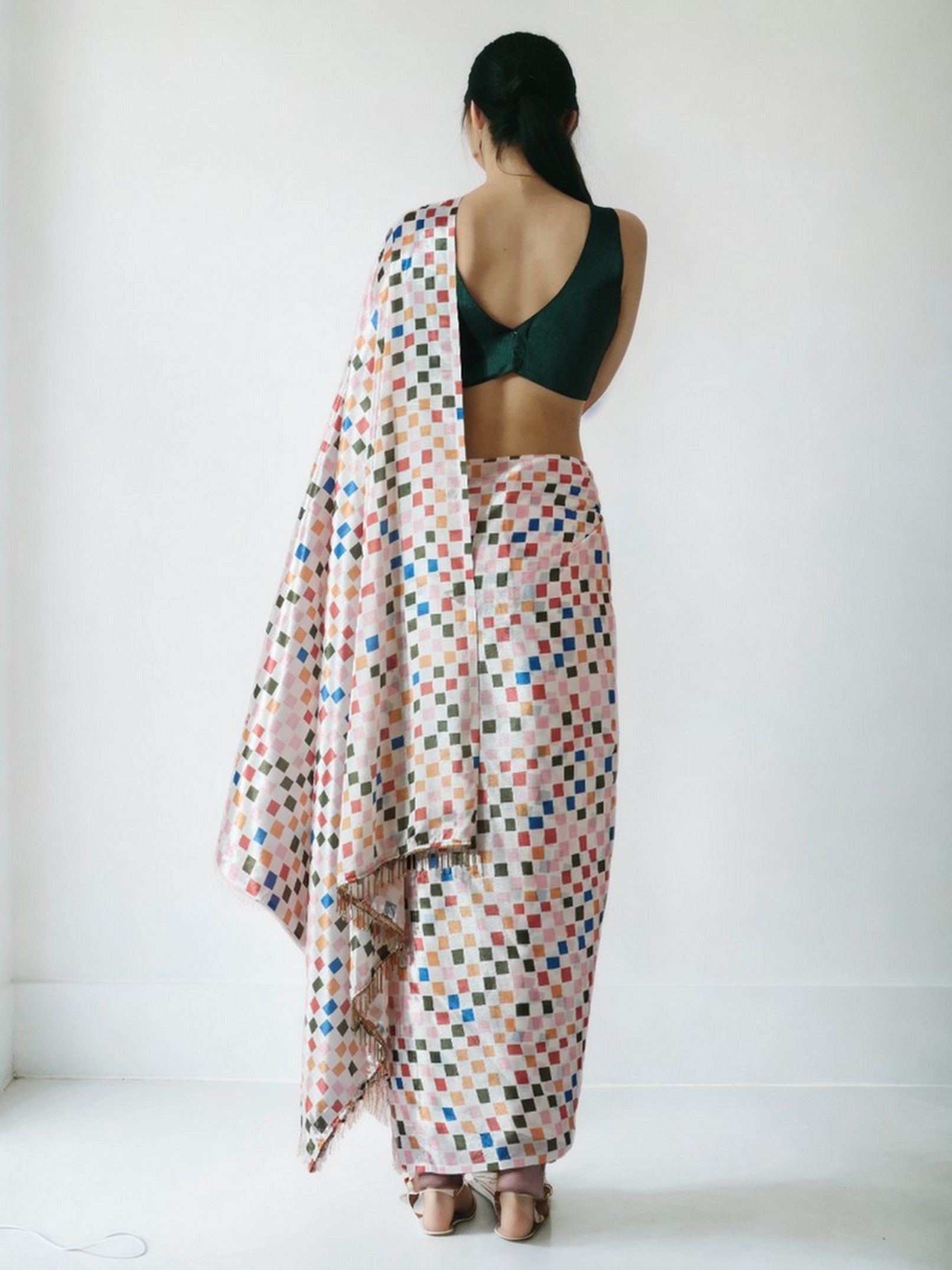 Off White Beautiful Chinon Designer Digital Printed Ready To Wear Ceremonial Saree