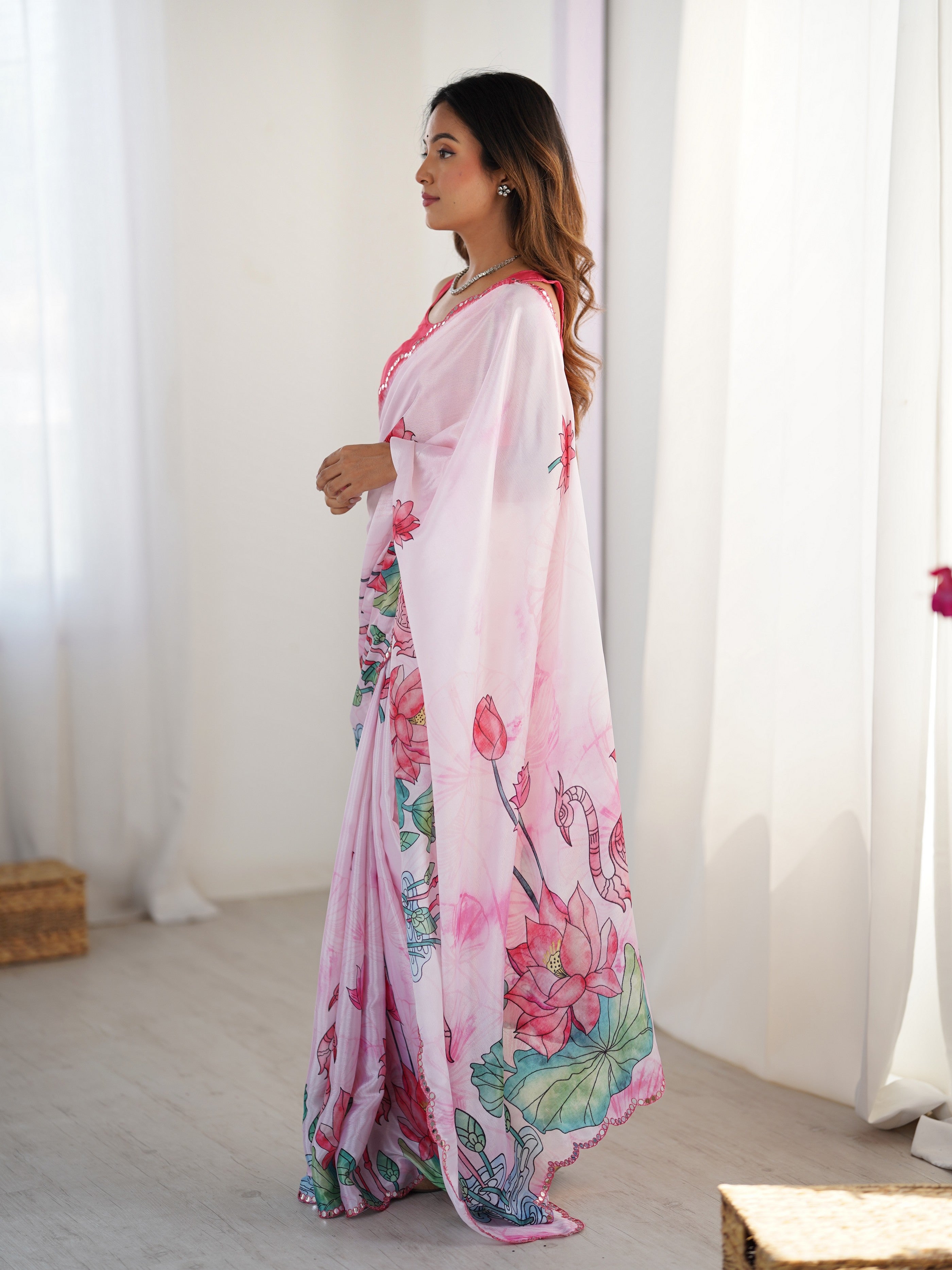 Off White Digital Printed Stylish Chinon Fanbric Glamorous Partywear Saree