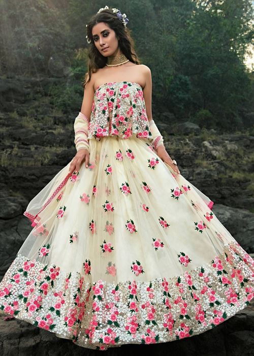 Off White Floral Thread Embroidered Soft Net Party Wear Lehenga Choli