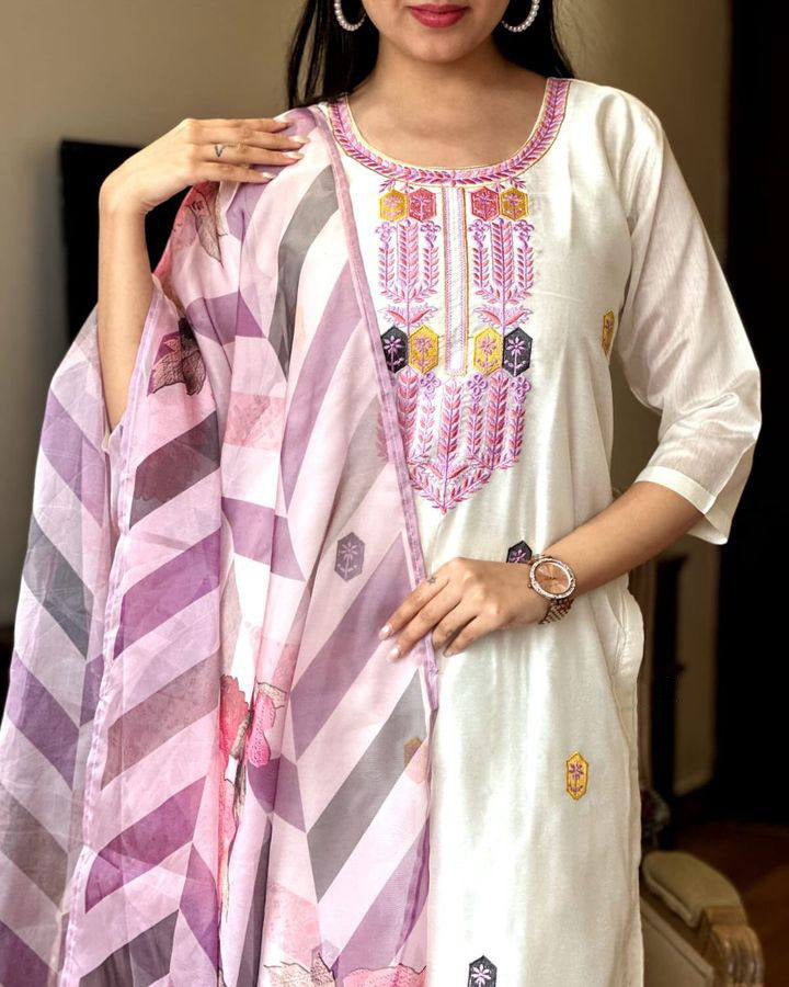 Off White Kurta Pant Set With Heavy Thread Embroidery Work With Printed Dupatta