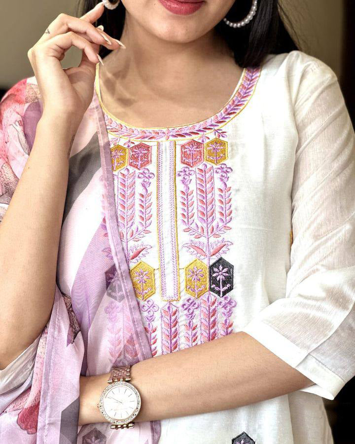 Off White Kurta Pant Set With Heavy Thread Embroidery Work With Printed Dupatta