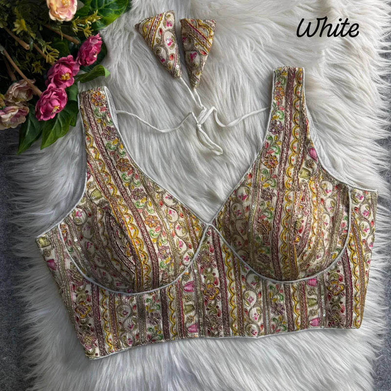 Off White Royal Couture Heavy Neck Position Work Blouse Pure Crepe Embroidered & Sequined Partywear