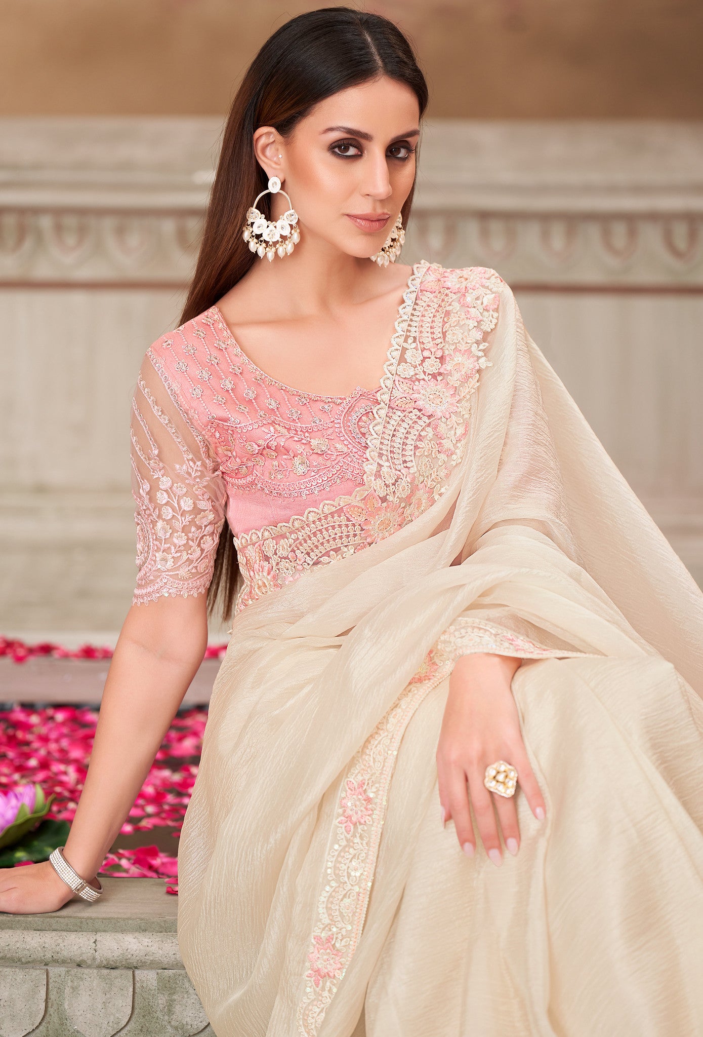 Off White Saree With Heavy Thread Embroidery Sequins Border Work With Embroidery Blouse