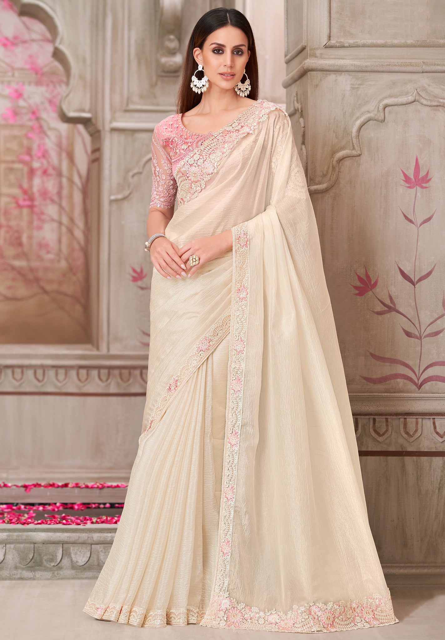 Off White Saree With Heavy Thread Embroidery Sequins Border Work With Embroidery Blouse
