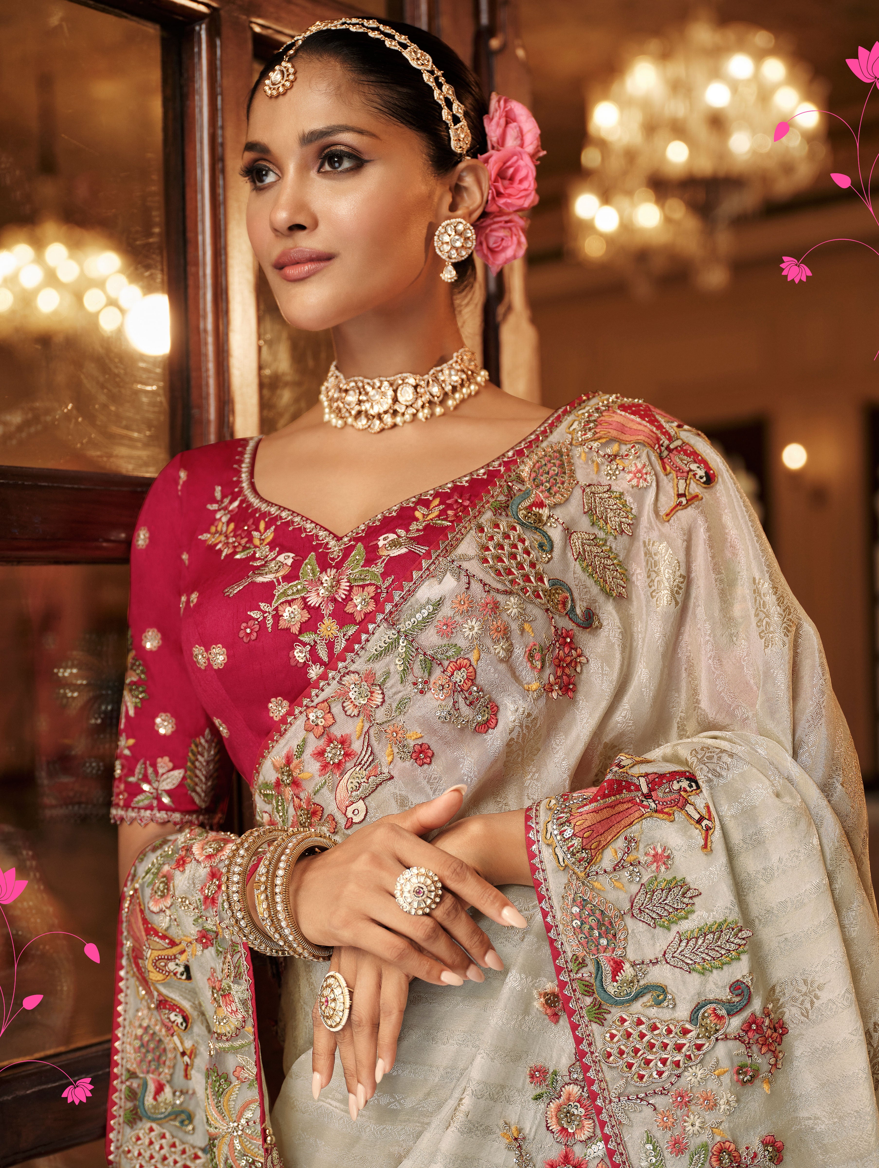 Off White Saree With Zari weaving With Heavy Thread Embroidery With khatli work