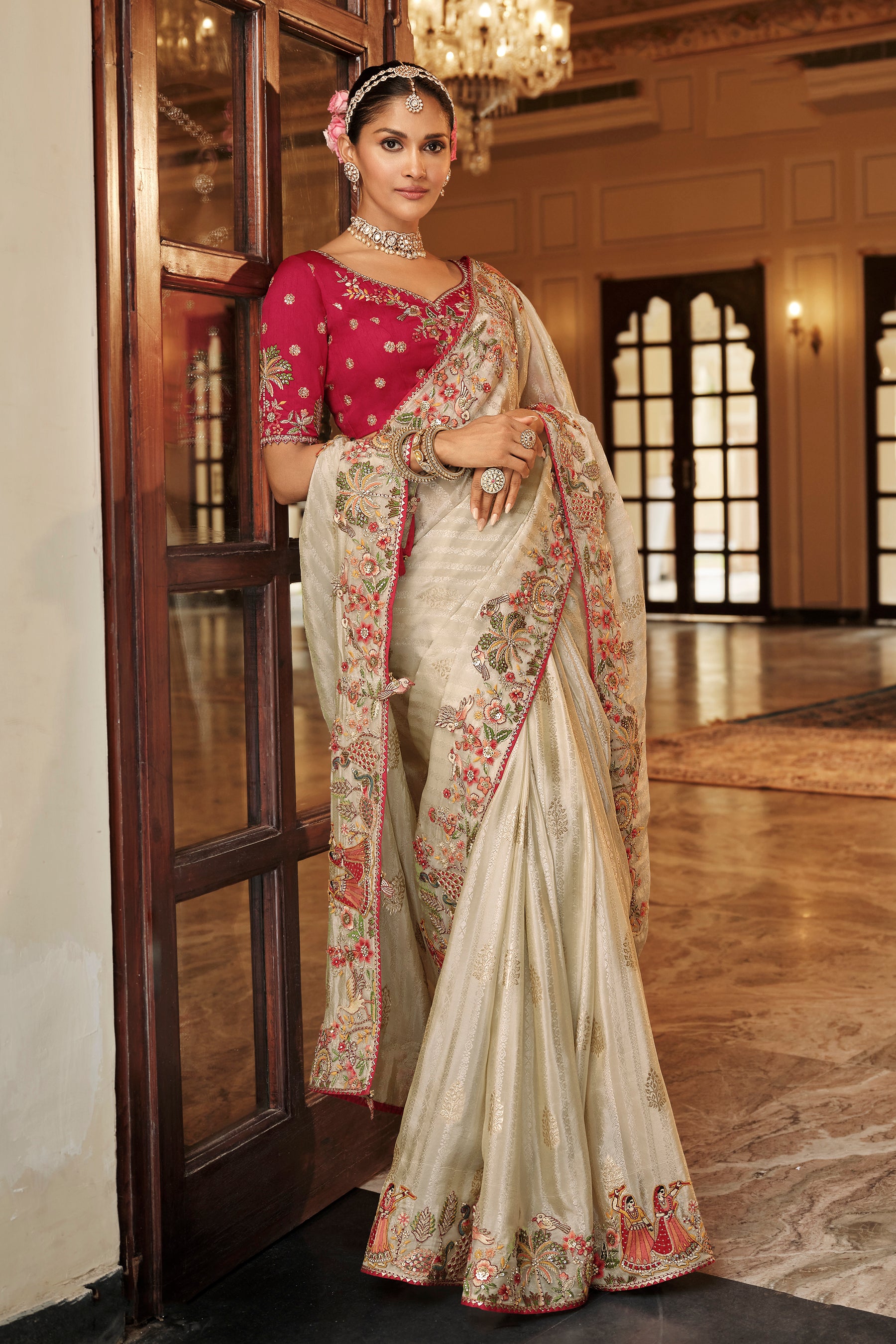 Off White Saree With Zari weaving With Heavy Thread Embroidery With khatli work