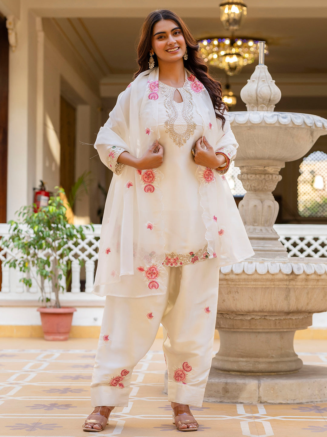 Off White Satin Kurta Patiala Pant Set With Heavy Thread Embroidery Sequins Work