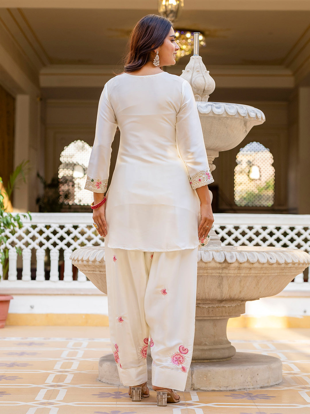 Off White Satin Kurta Patiala Pant Set With Heavy Thread Embroidery Sequins Work