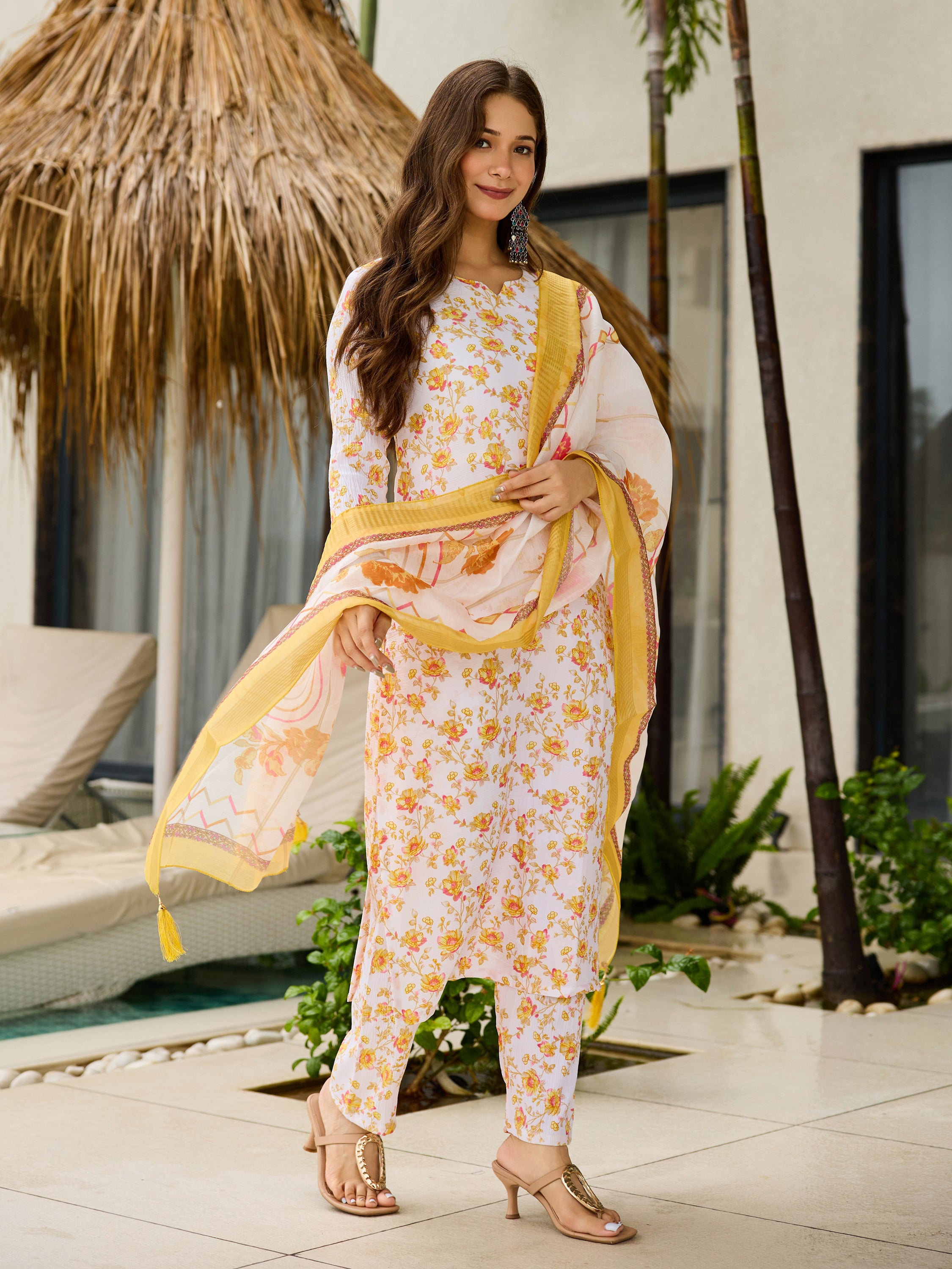 Off White Silk Blend Kurta Pant Set Printed
