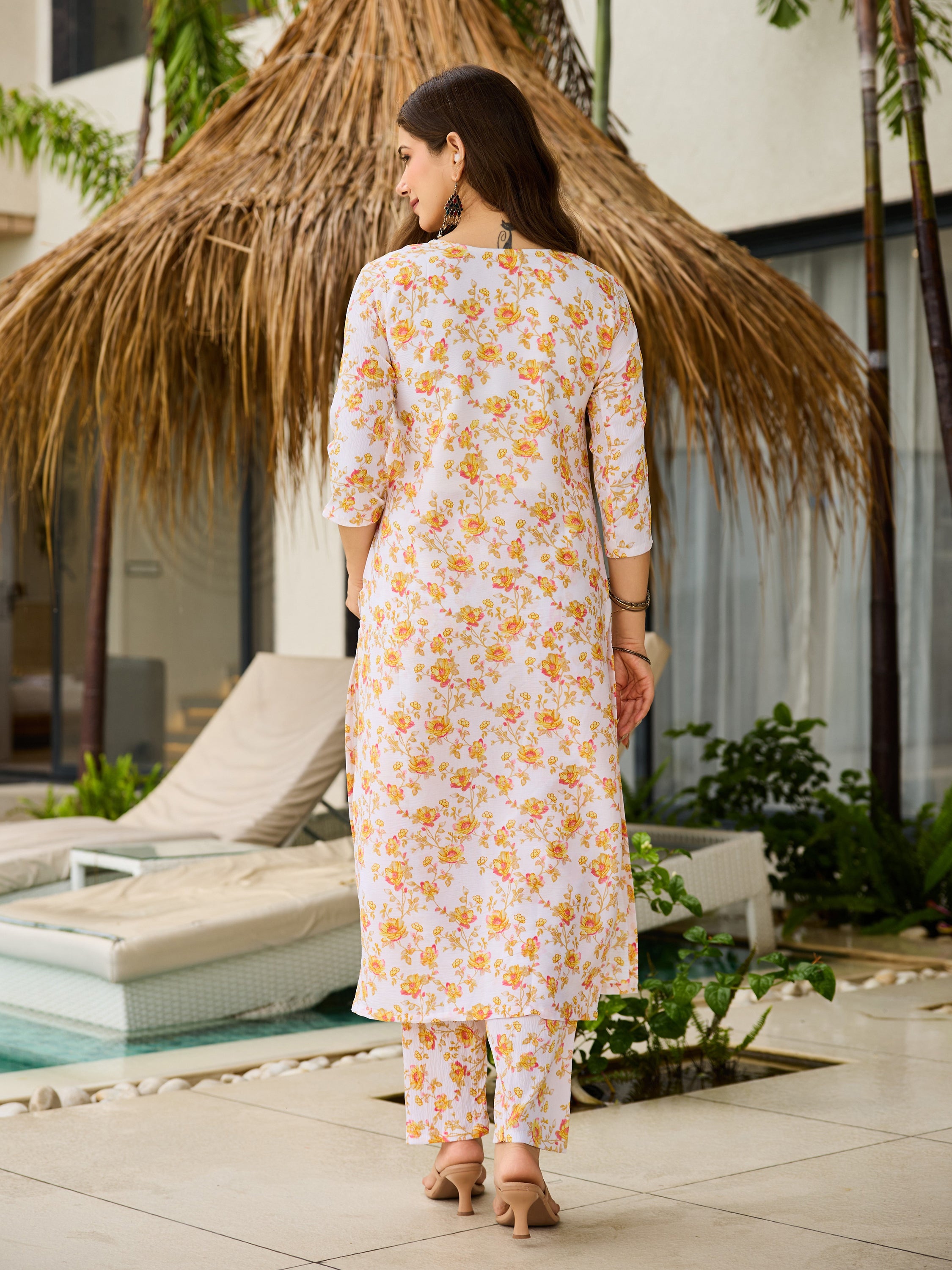 Off White Silk Blend Kurta Pant Set Printed