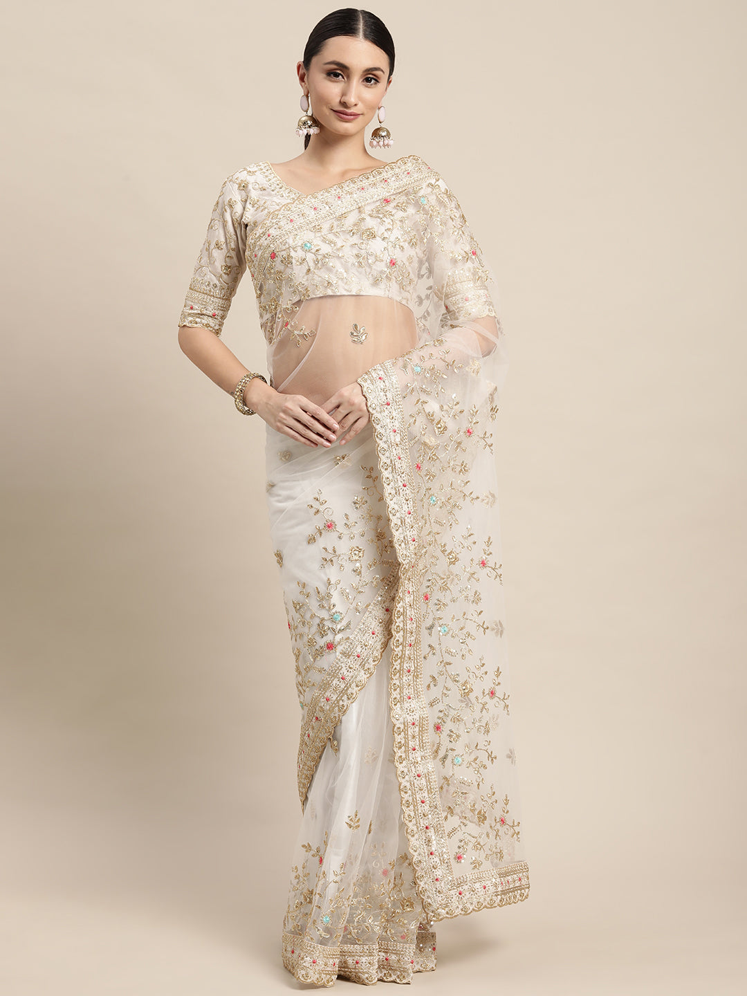Off White Soft Net Designer Embroidery Work Bollywood Style Saree