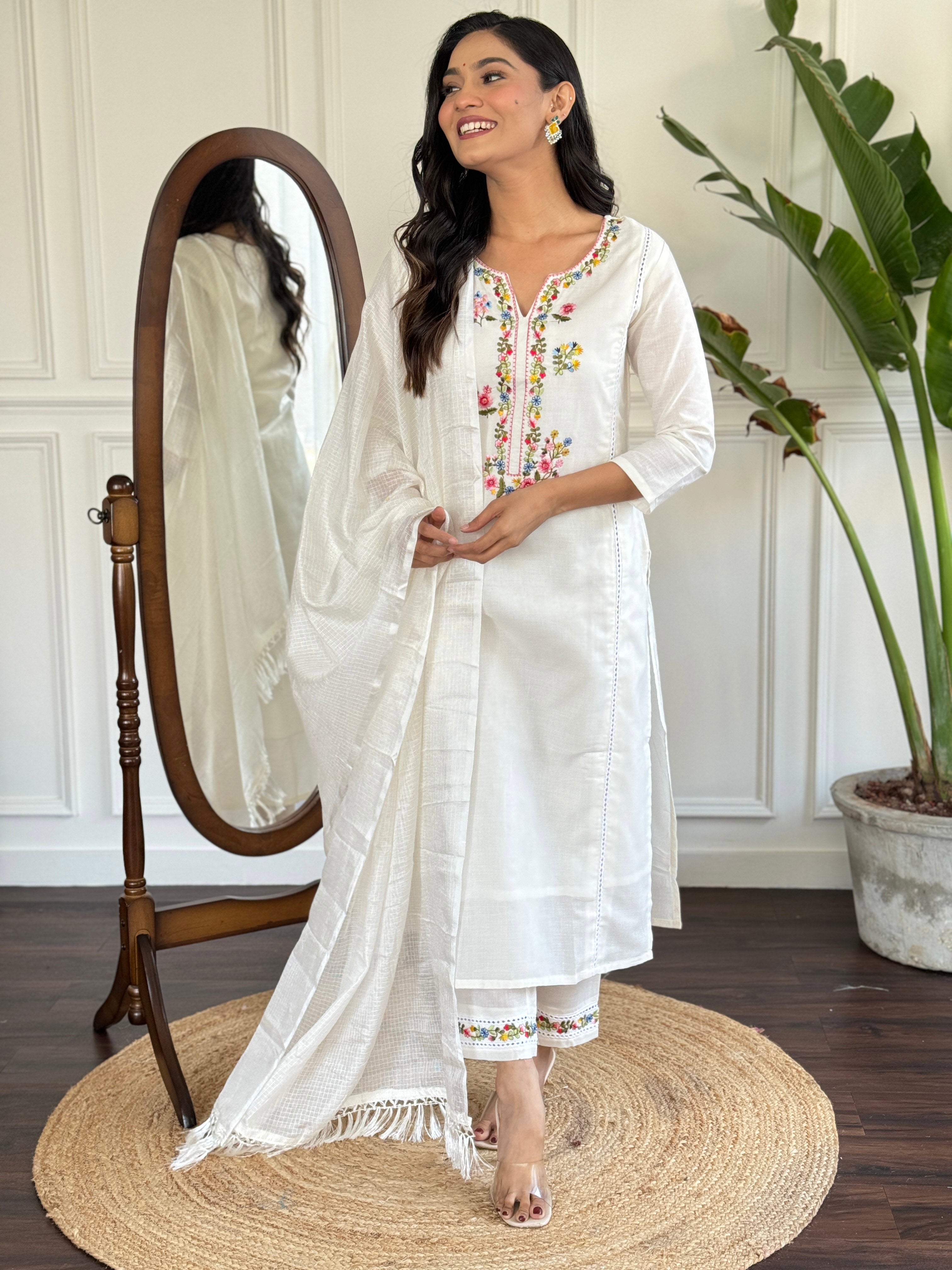 Off White Viscose Elegant Kurta Pant Set With Embroidery Work