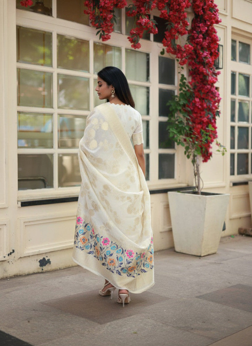 Off White Viscose Jacquard Kurta Pant Set With Jacquard Woven Work