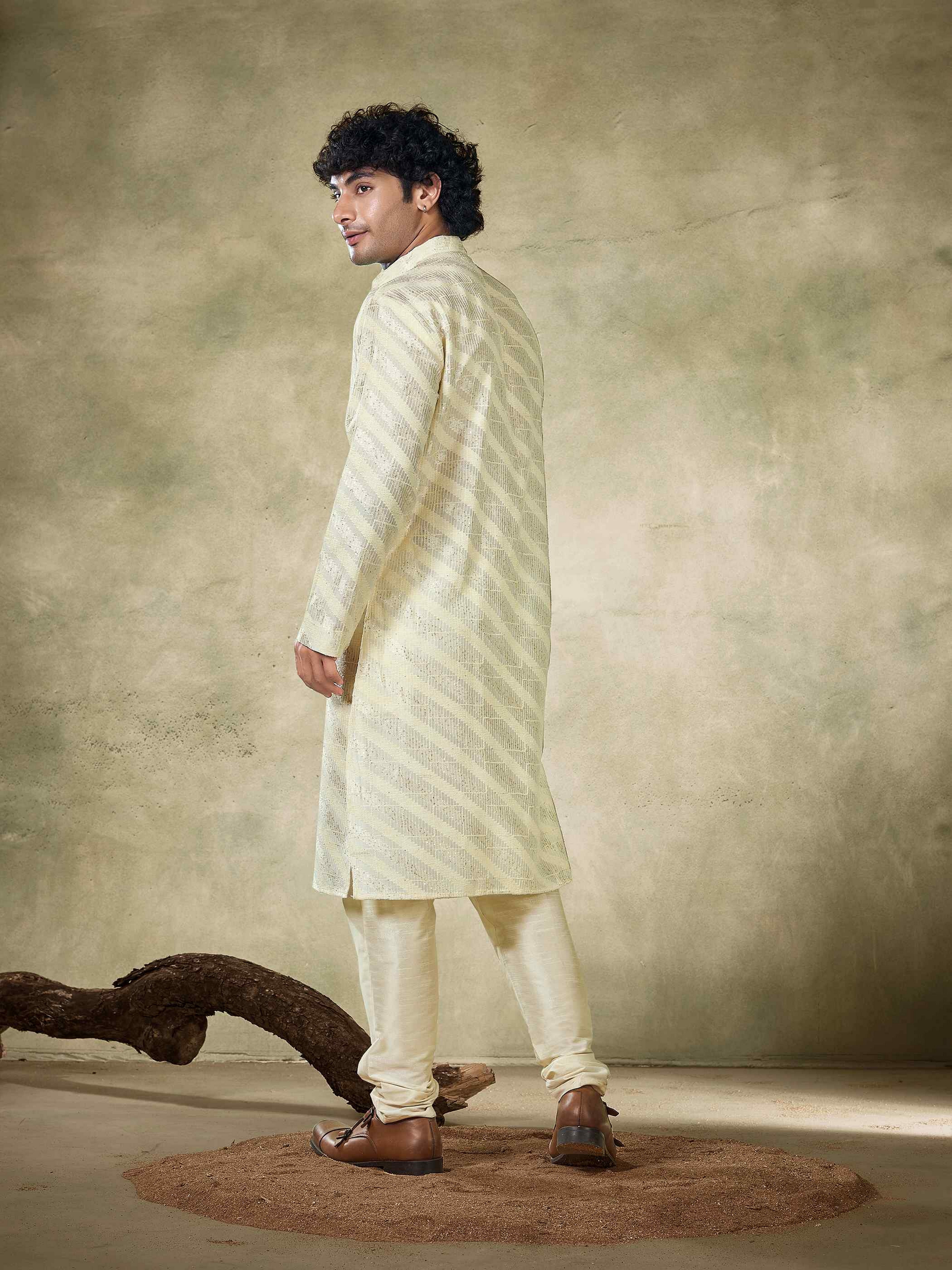 Off White Viscose Kurta Payjama with Sequins – Subtle Elegance for Special Days