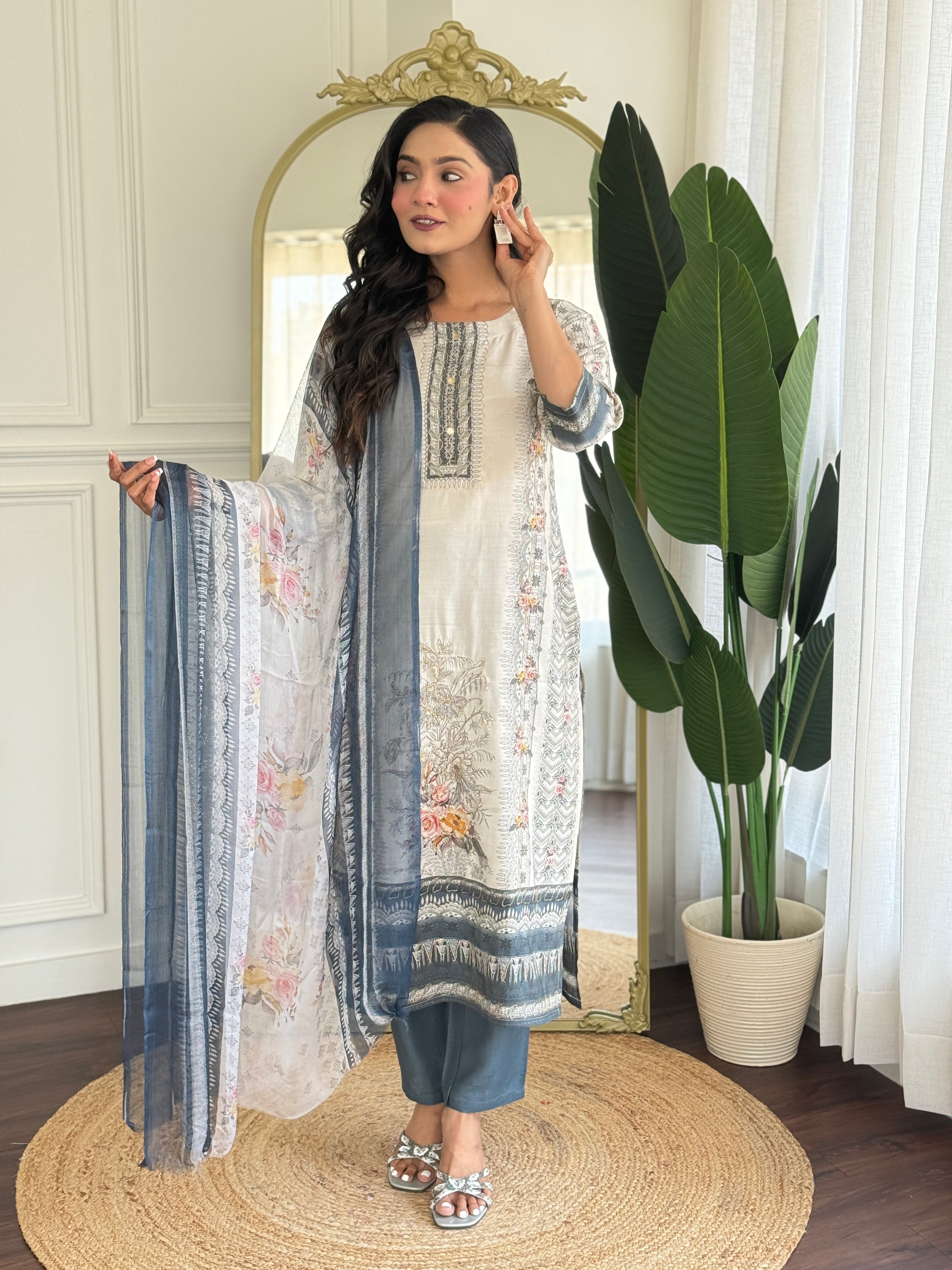 Off White Viscose Modal Kurta Pant with Print With Hand Work
