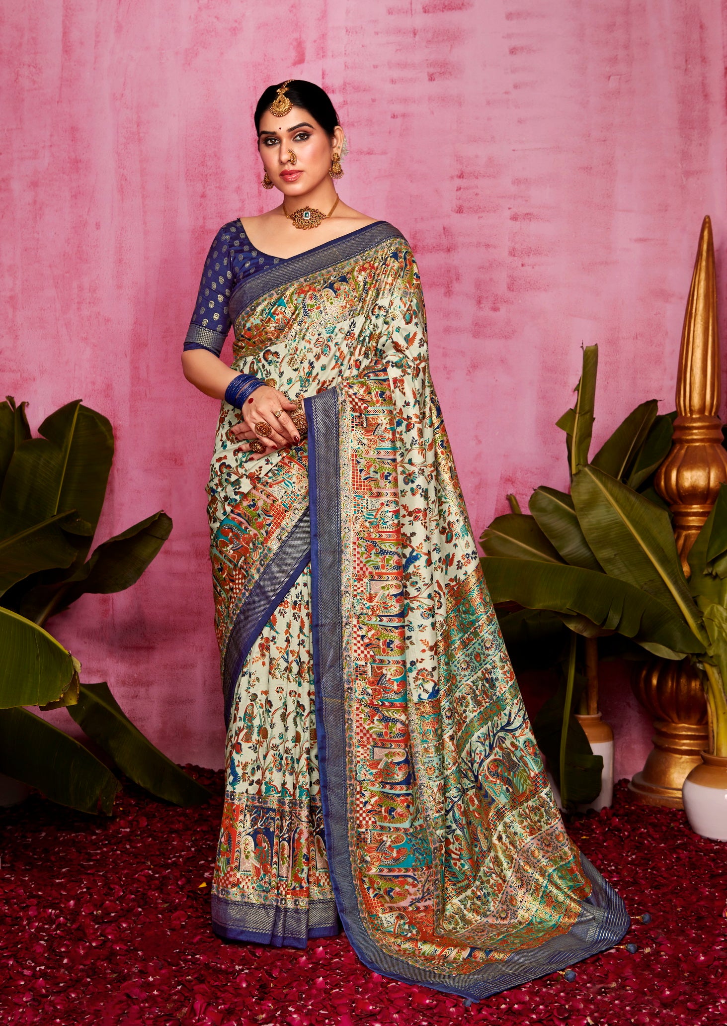 Off White Woven Designer With Polka Dot And Printed Tussar Silk Saree