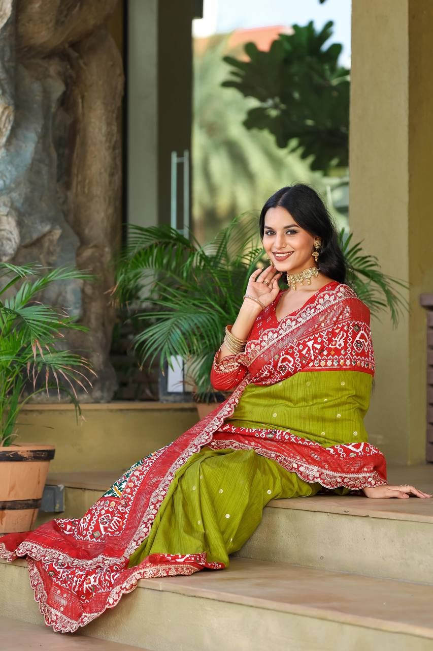 Olive Colour Mercerized New Sigma Silk Ikkat Saree