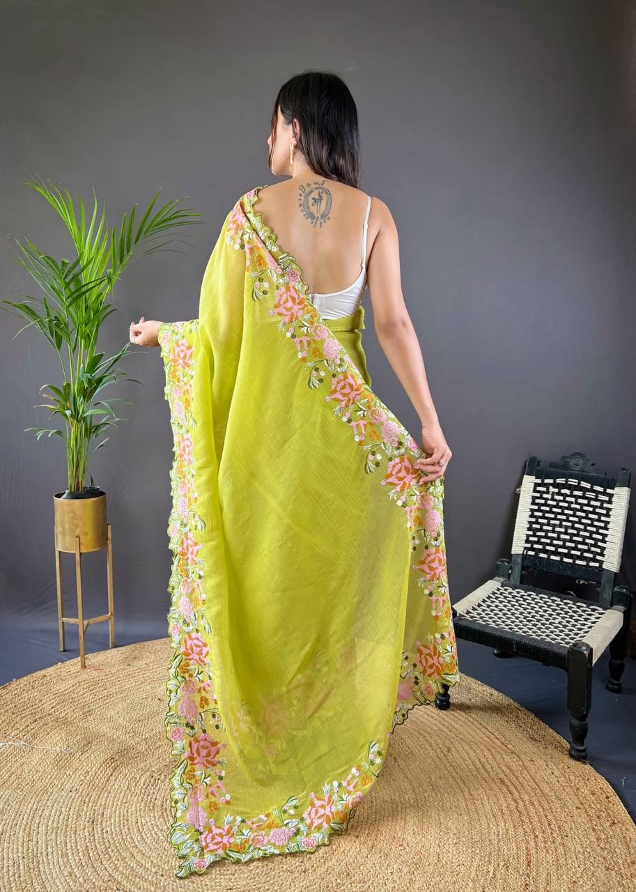 Olive Colour Soft Glossy Silk Heavy Embroidery Work Saree