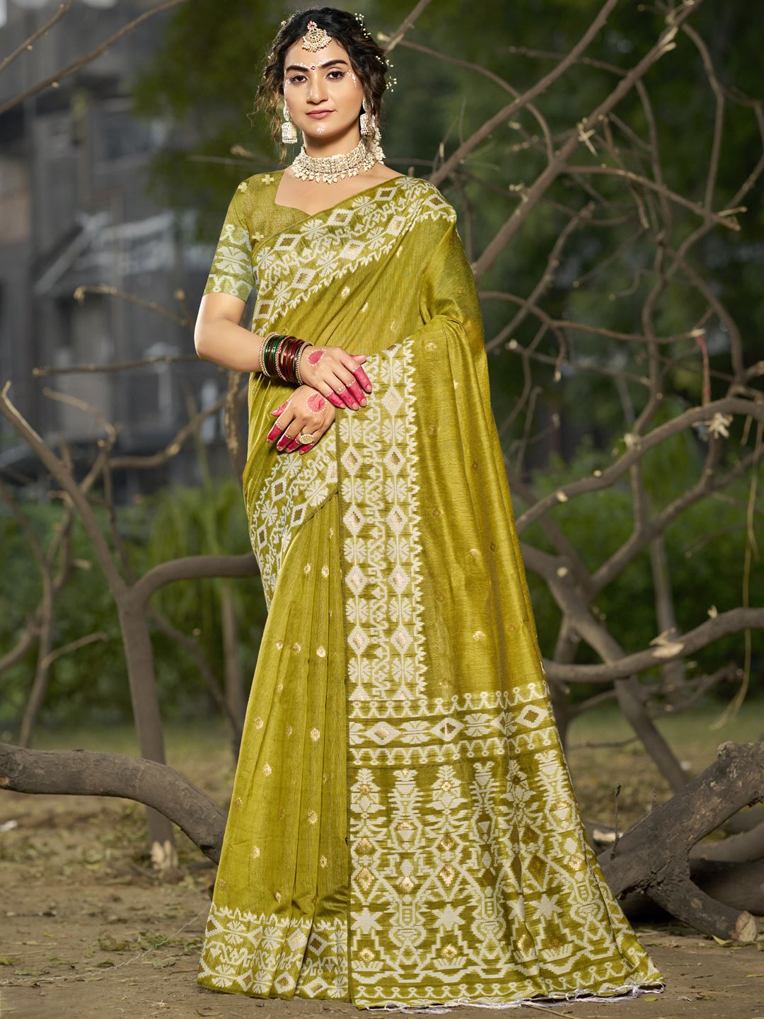 Olive Green Blended Linen Cotton Saree