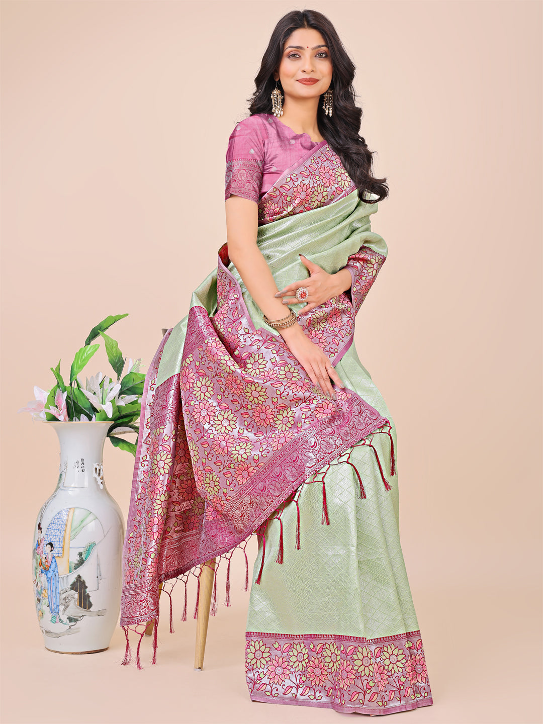 Olive Green Lichi Silk Woven Designer Partywear Saree