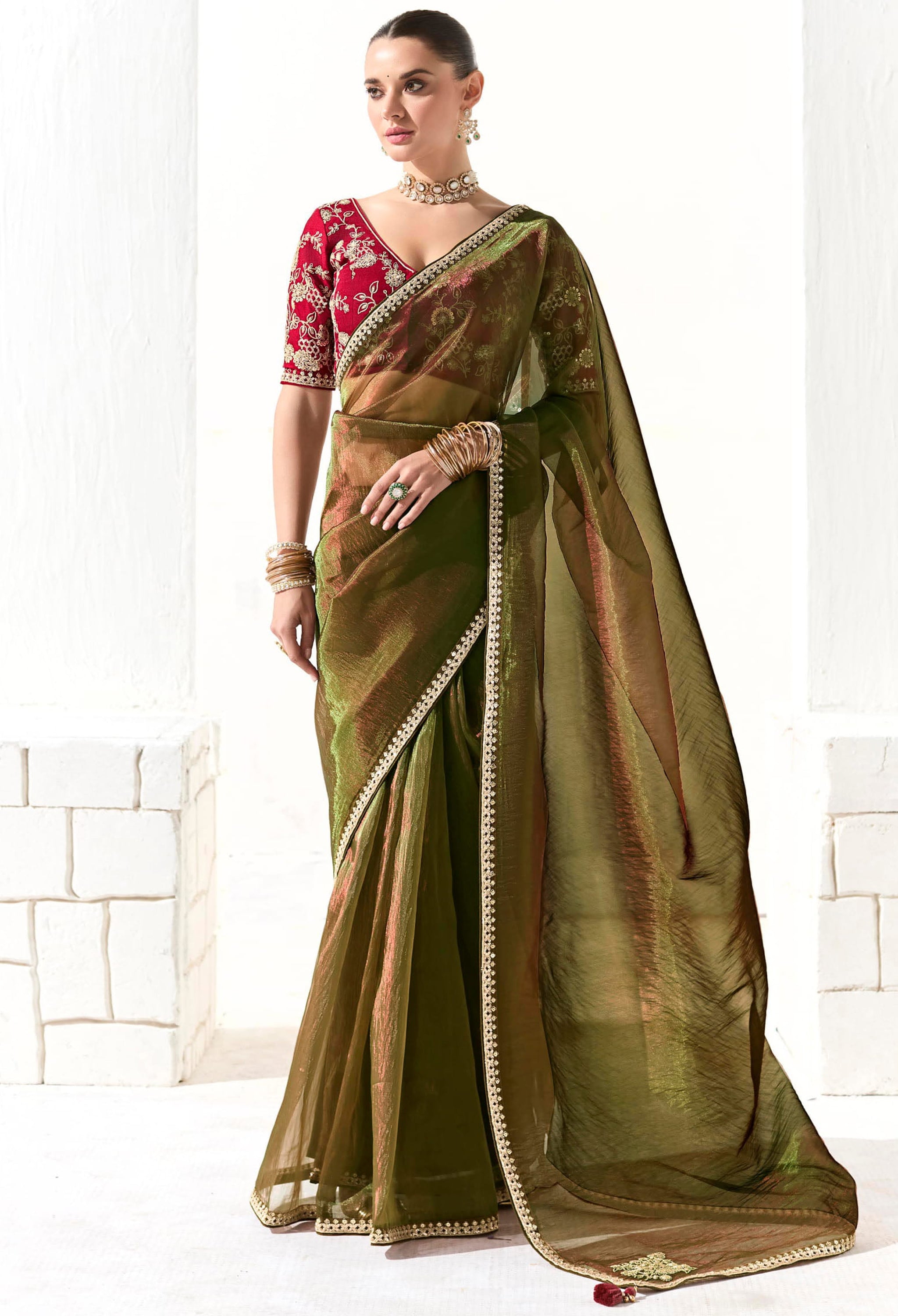 Olive Green Organza Tissue Saree With Heavy Work Border With Embroidered Blouse