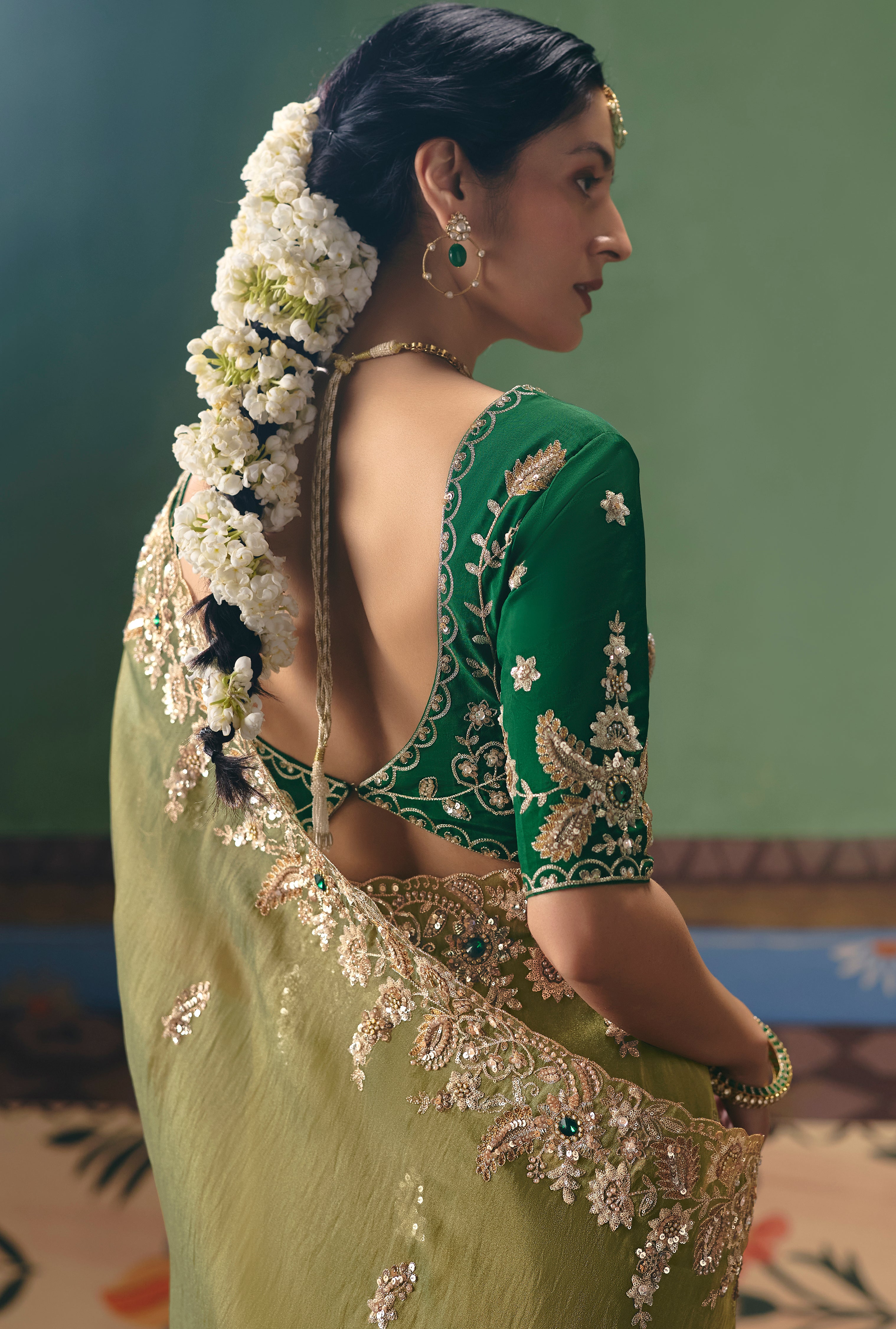 Olive Green Saree With Heavy Designer Embroidery, Sequince, Stone, Pearl With Beads Work
