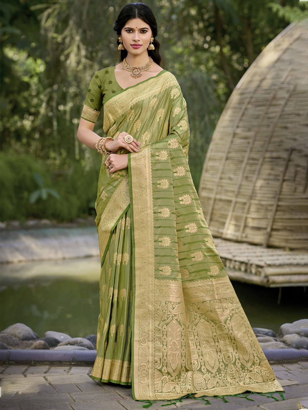 Olive Green Woven Soft Silk Saree