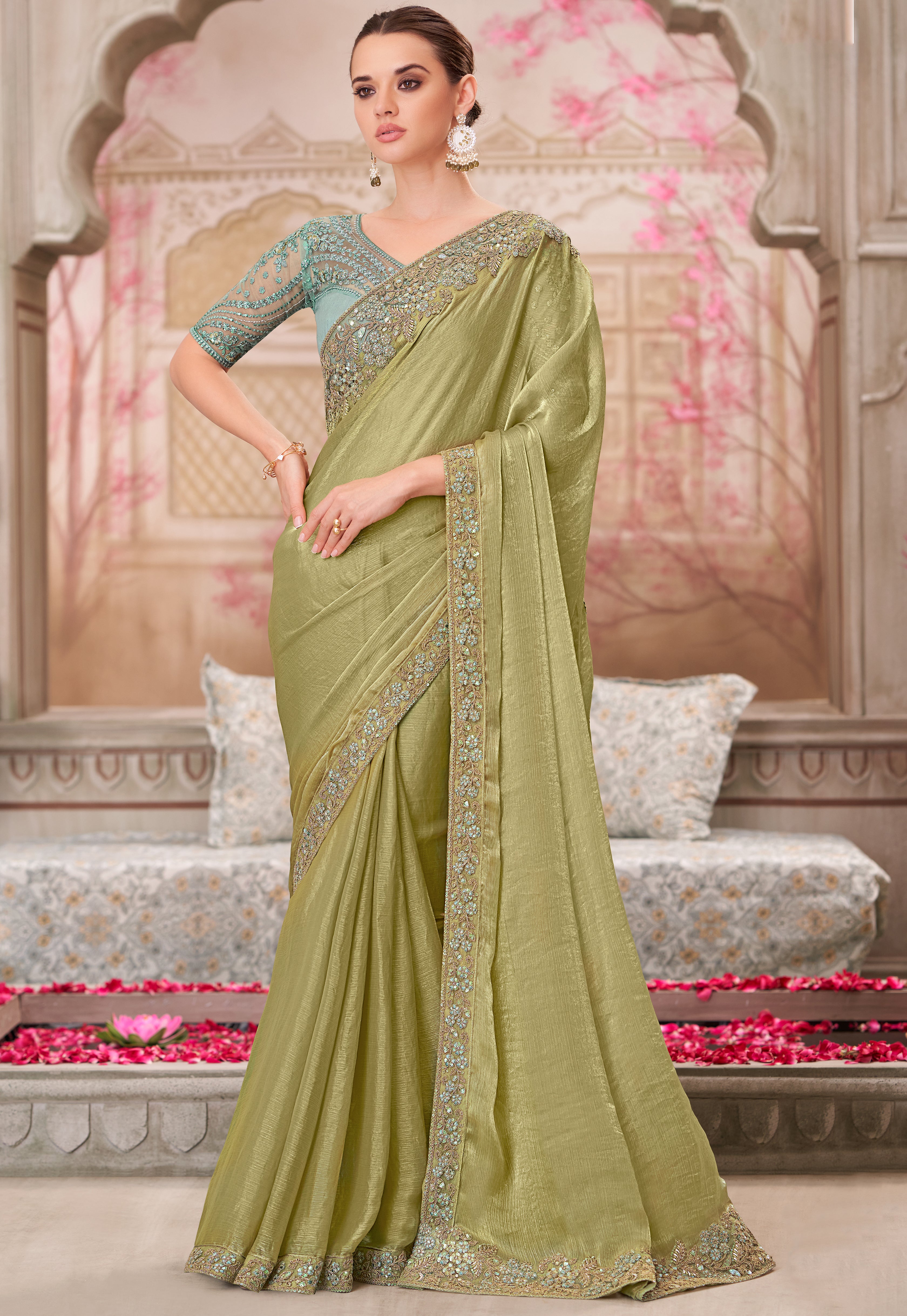 Olive Saree With Heavy Thread Embroidery Sequins Border Work With Embroidery Blouse