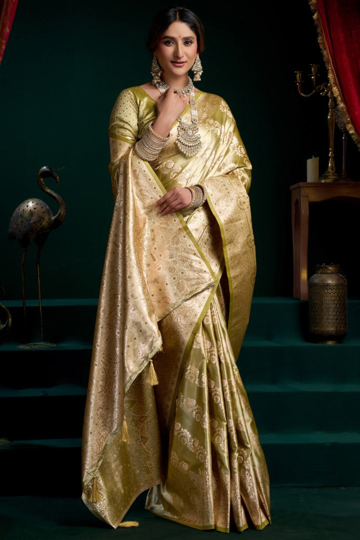 Olive Satin Silk Saree with Rich Jacquard Woven Elegance