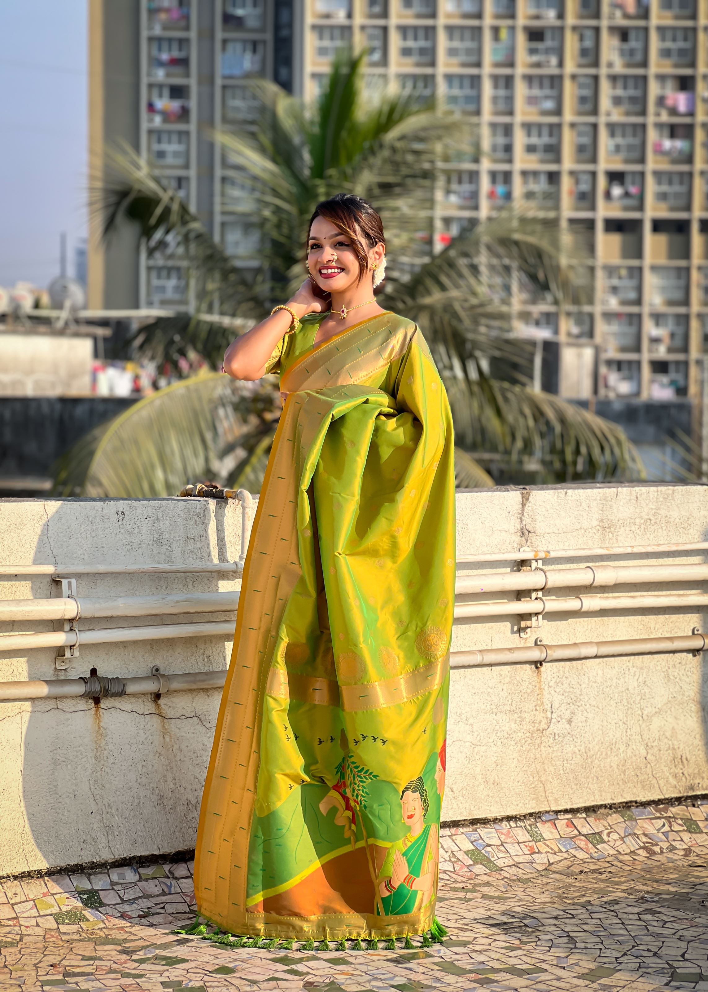 Olive Silk Blend Paithani Saree With Gudi Padwa Print