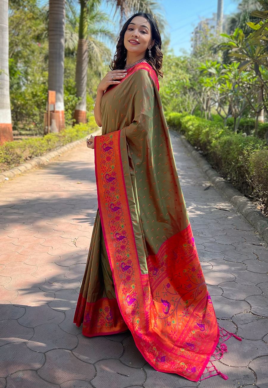 Olive Silk Blend Paithani Saree