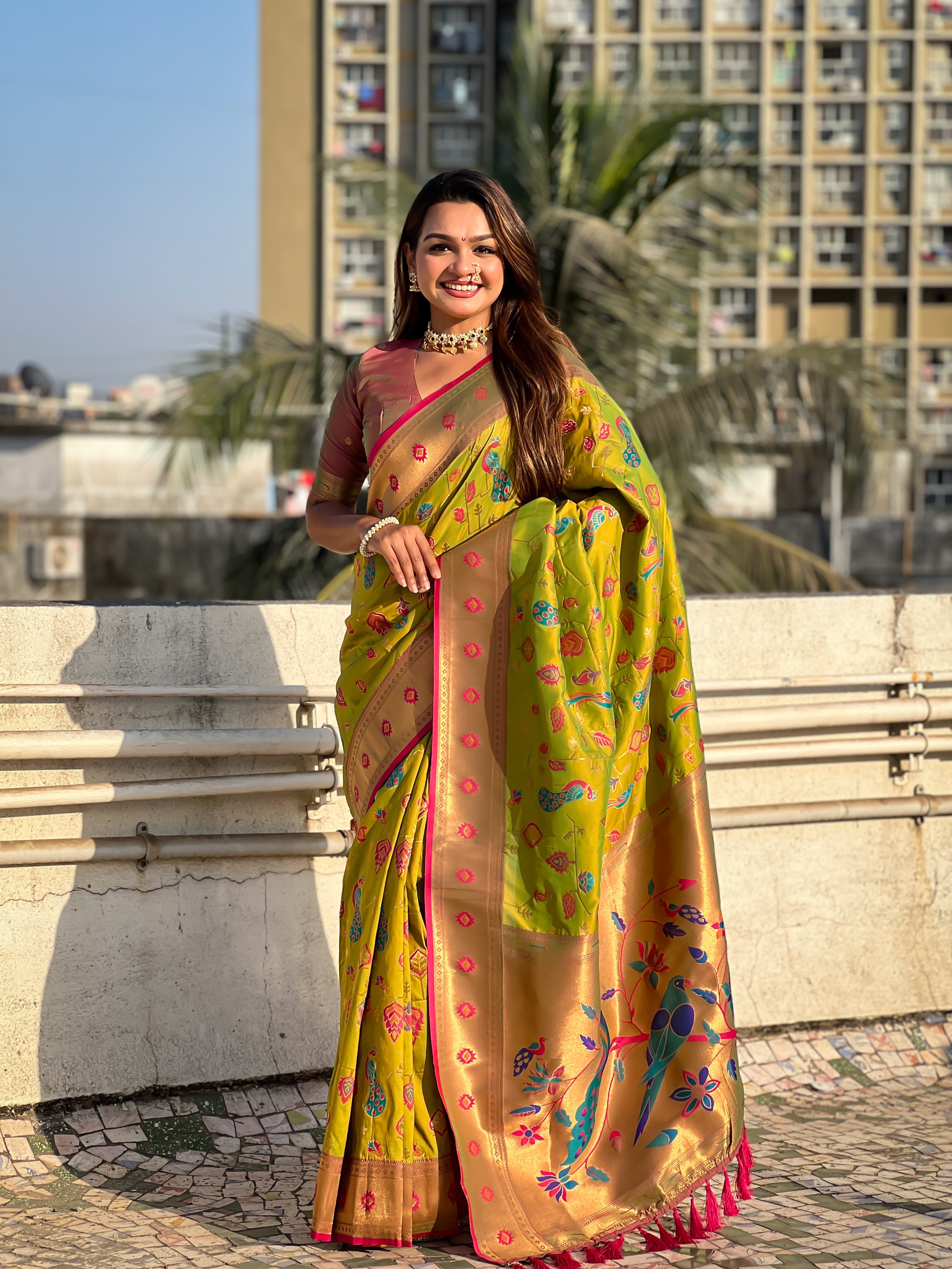 Olive Soft Silk Fabri Woven Paithani Meenakari Designer Ceremonial Saree