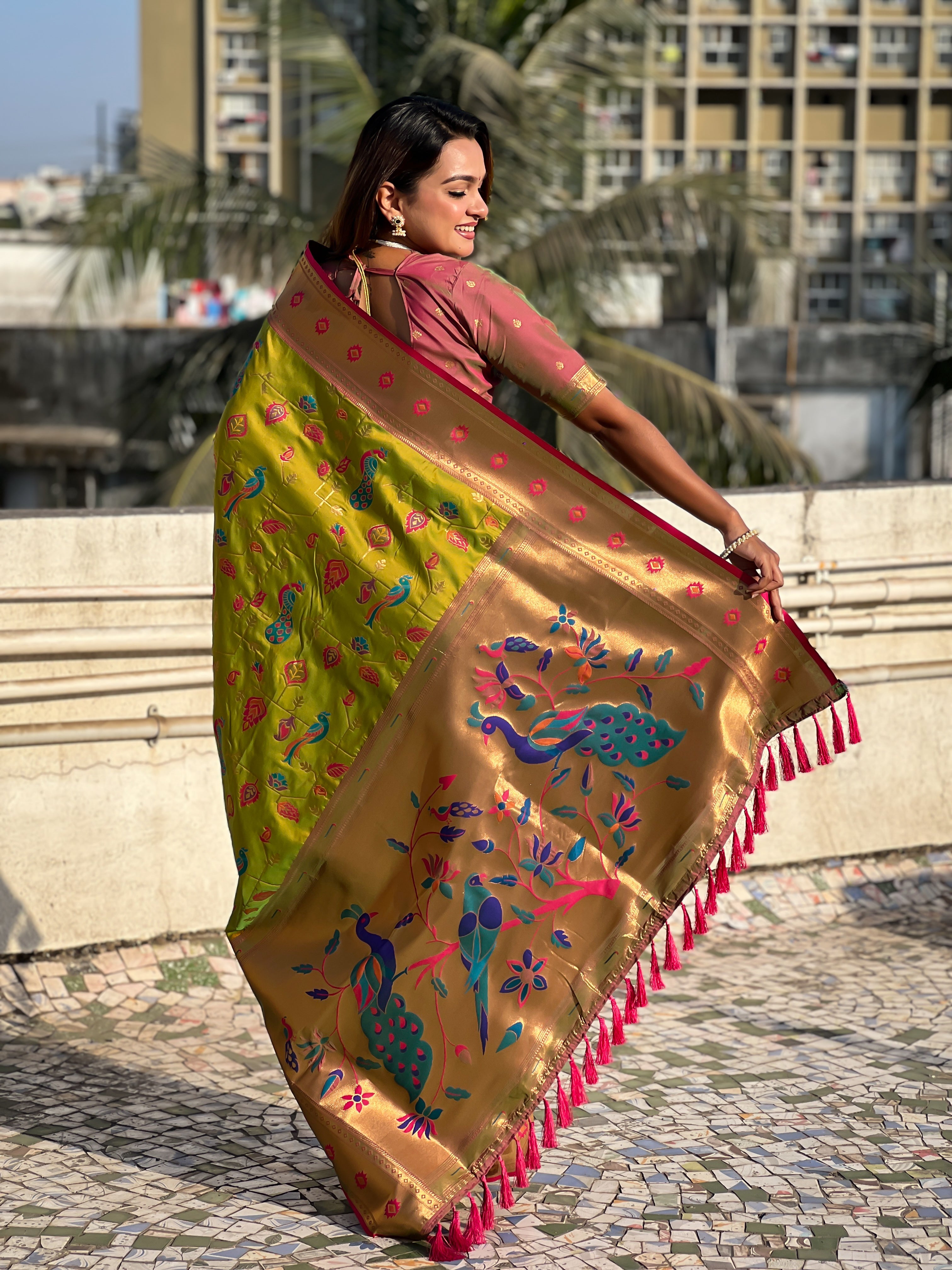 Olive Soft Silk Fabri Woven Paithani Meenakari Designer Ceremonial Saree