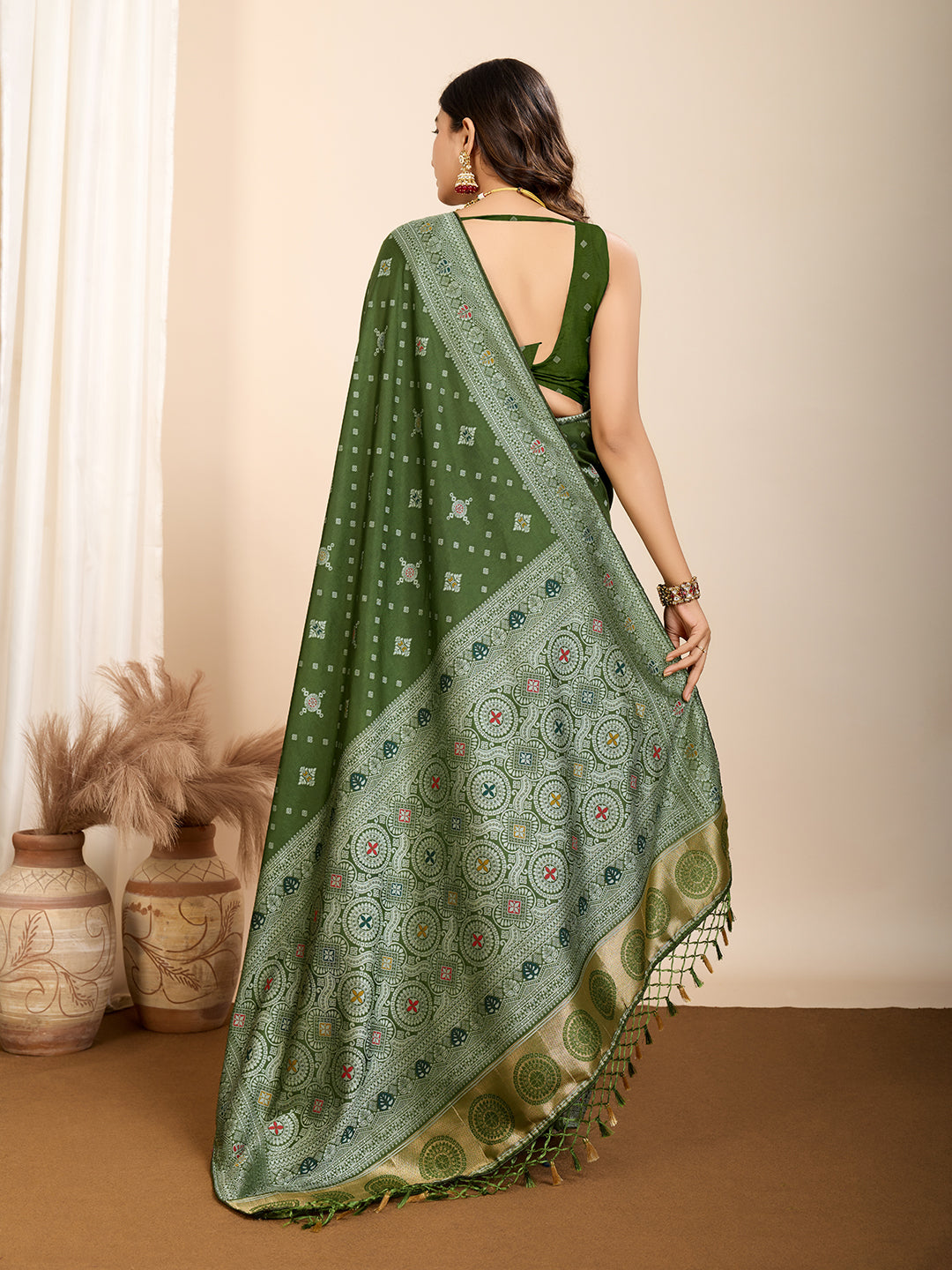 Olive Soft Silk Woven Meenakari Designer Ethnic Saree