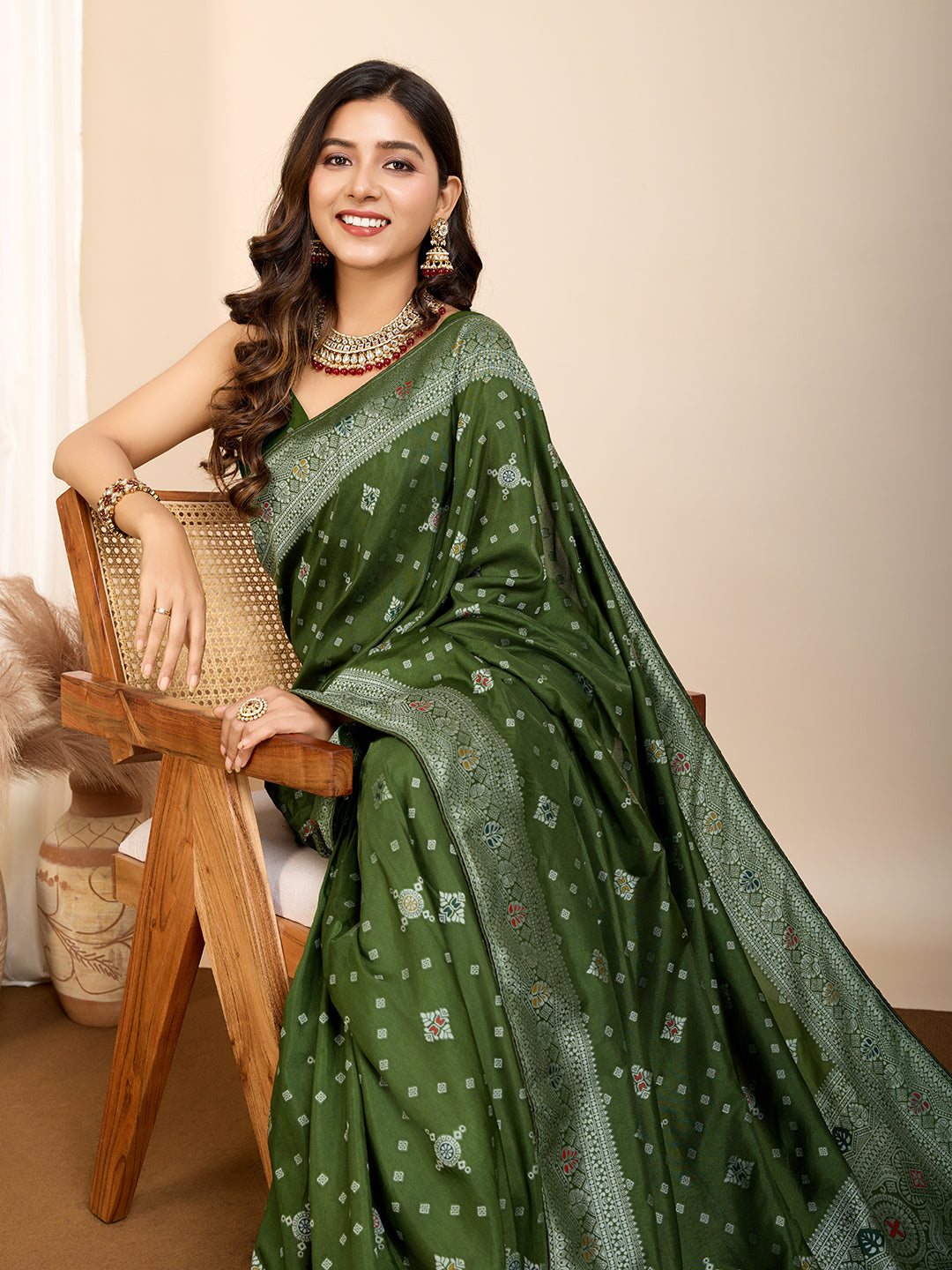 Olive Soft Silk Woven Meenakari Designer Ethnic Saree