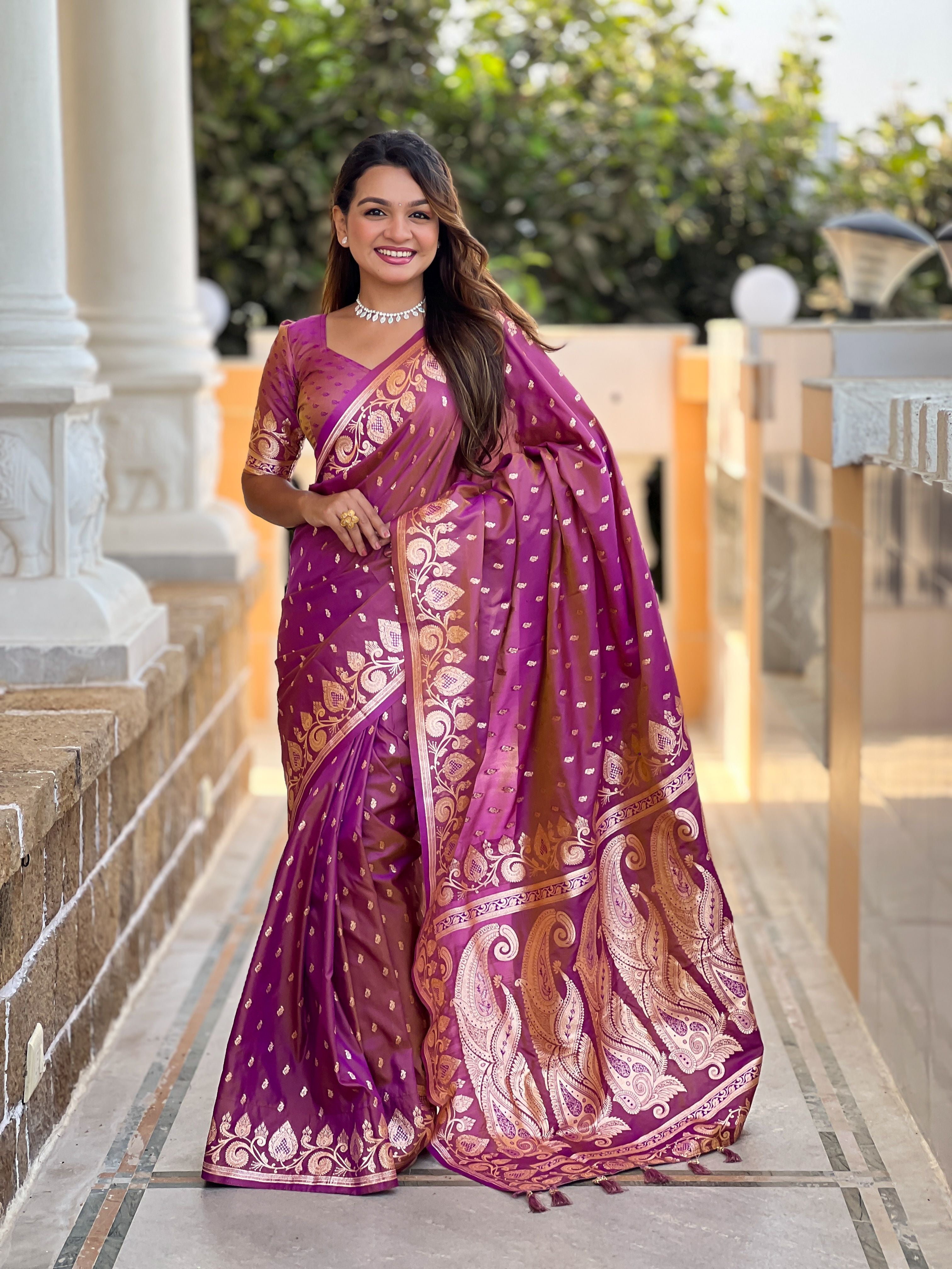 Onion Banarasi Silk Saree With Woven Jacquard Designer Partywear Saree
