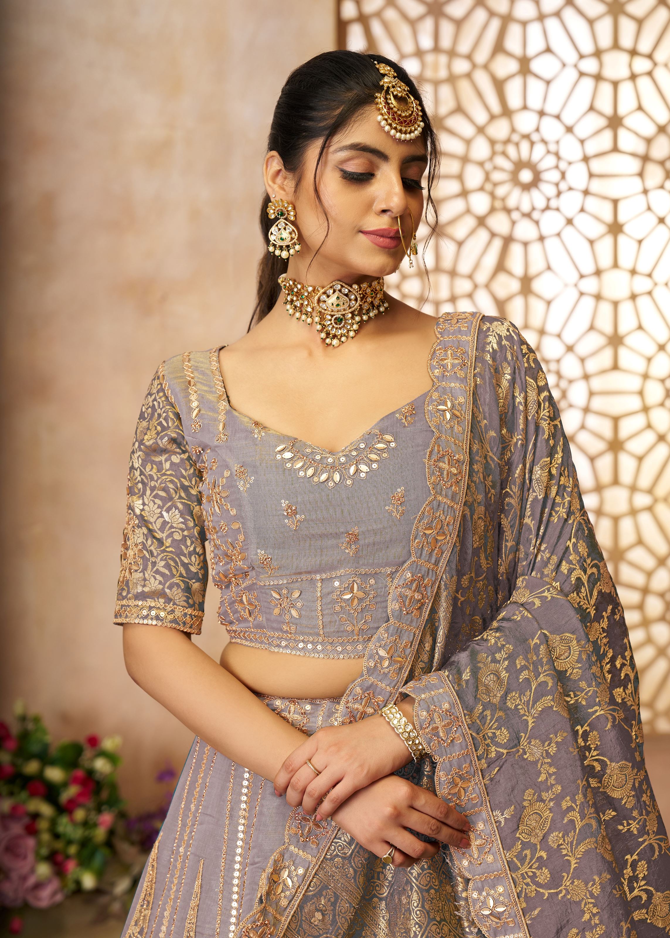 Onion Color Brocade Bridal Lehenga With Banarasi Patches and Zari Panel Work