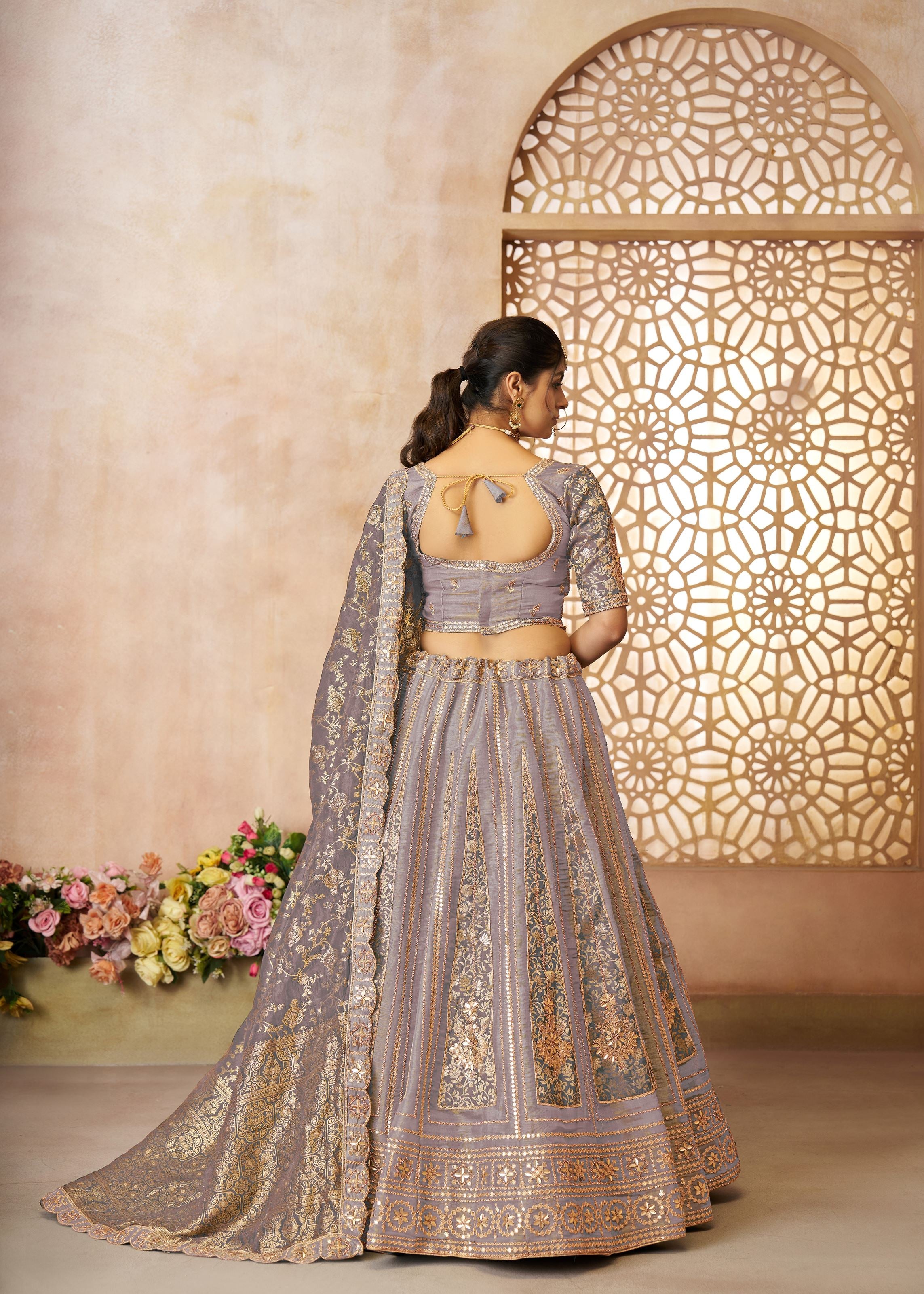 Onion Color Brocade Bridal Lehenga With Banarasi Patches and Zari Panel Work