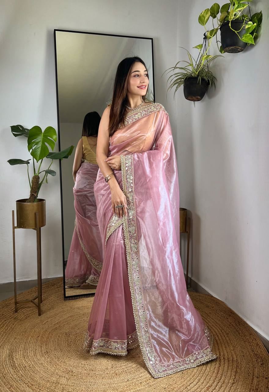 Onion Colour Silver Tissue Silk Embroidery And Mirror Work Saree
