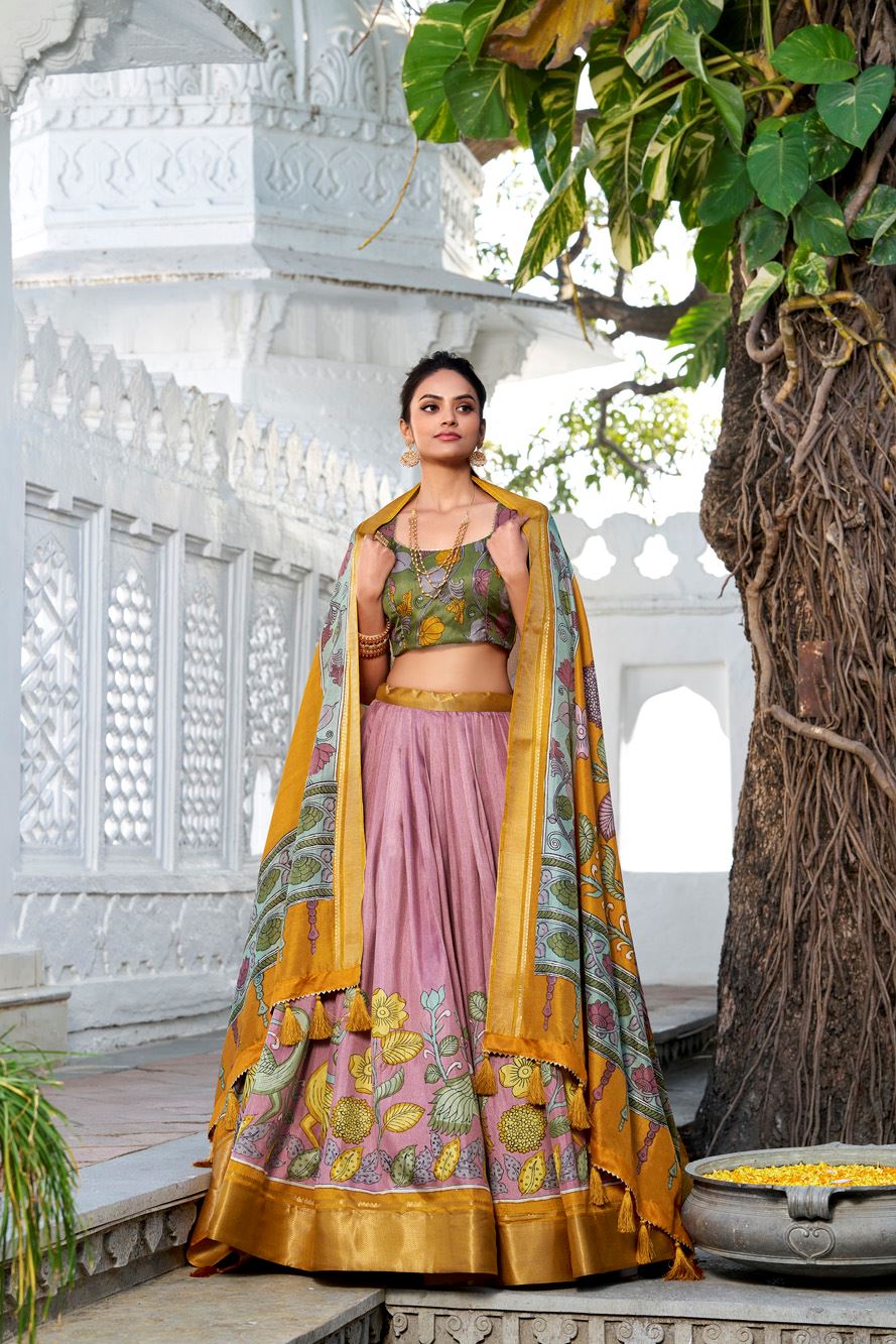 Onion Dola Silk Lehenga with Kalamkari Print and Rich Zari Woven Border