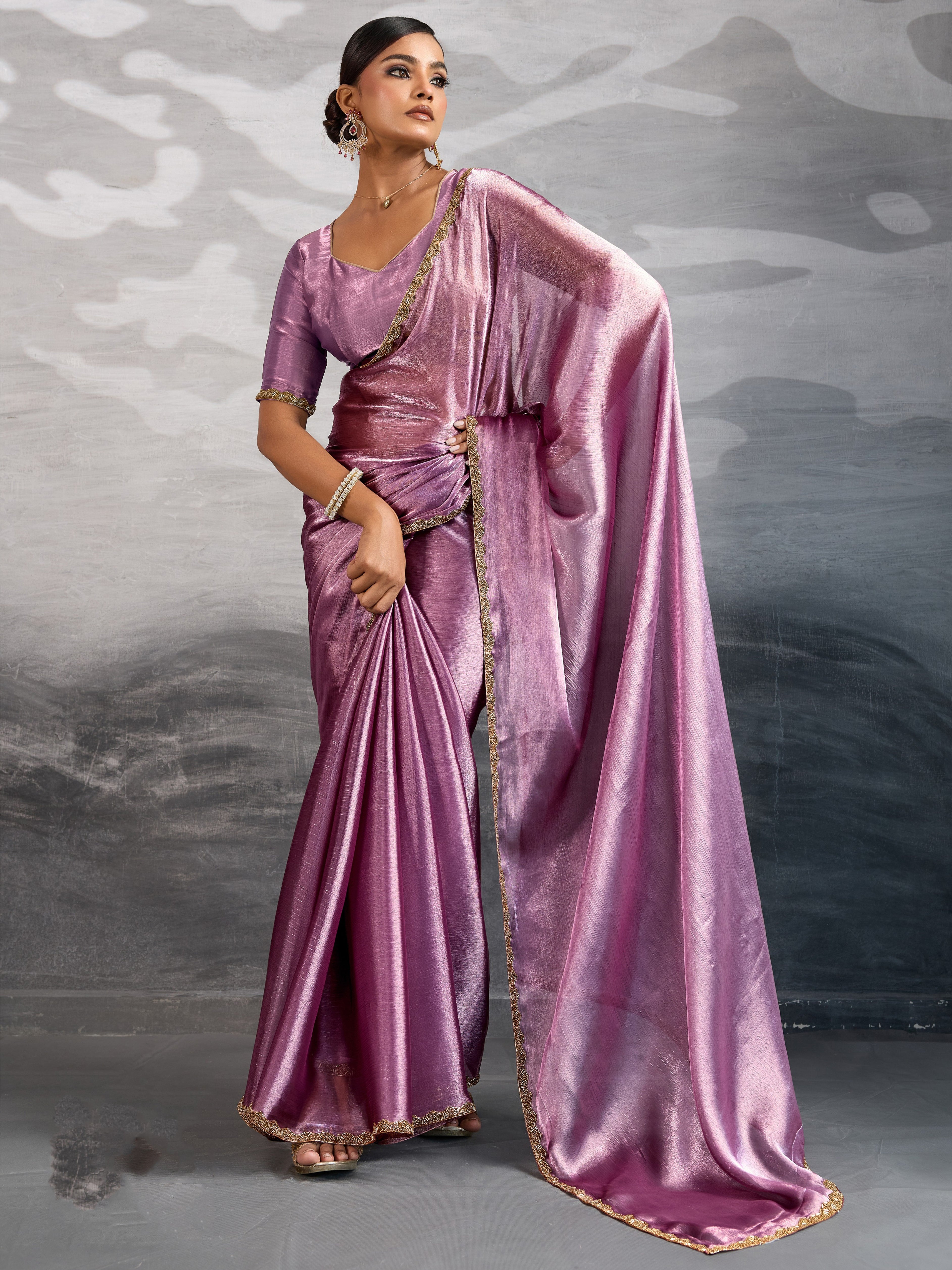 Onion Pink Burberry Chiffon Saree with Beads and Cutdana Lace