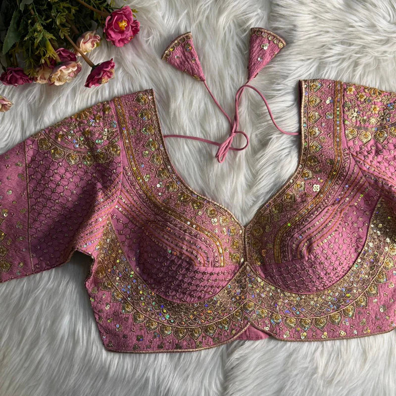 Onion Pink Designer Bridal Blouse with Heavy Stars, Rainbow & Sequins Work Roman Silk