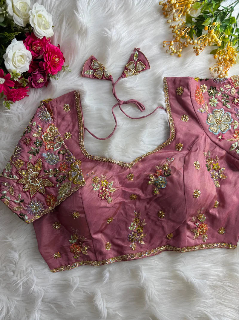Onion Pink Pure Silk Designer Blouse with Handwork & Sequins Sleeves for Women