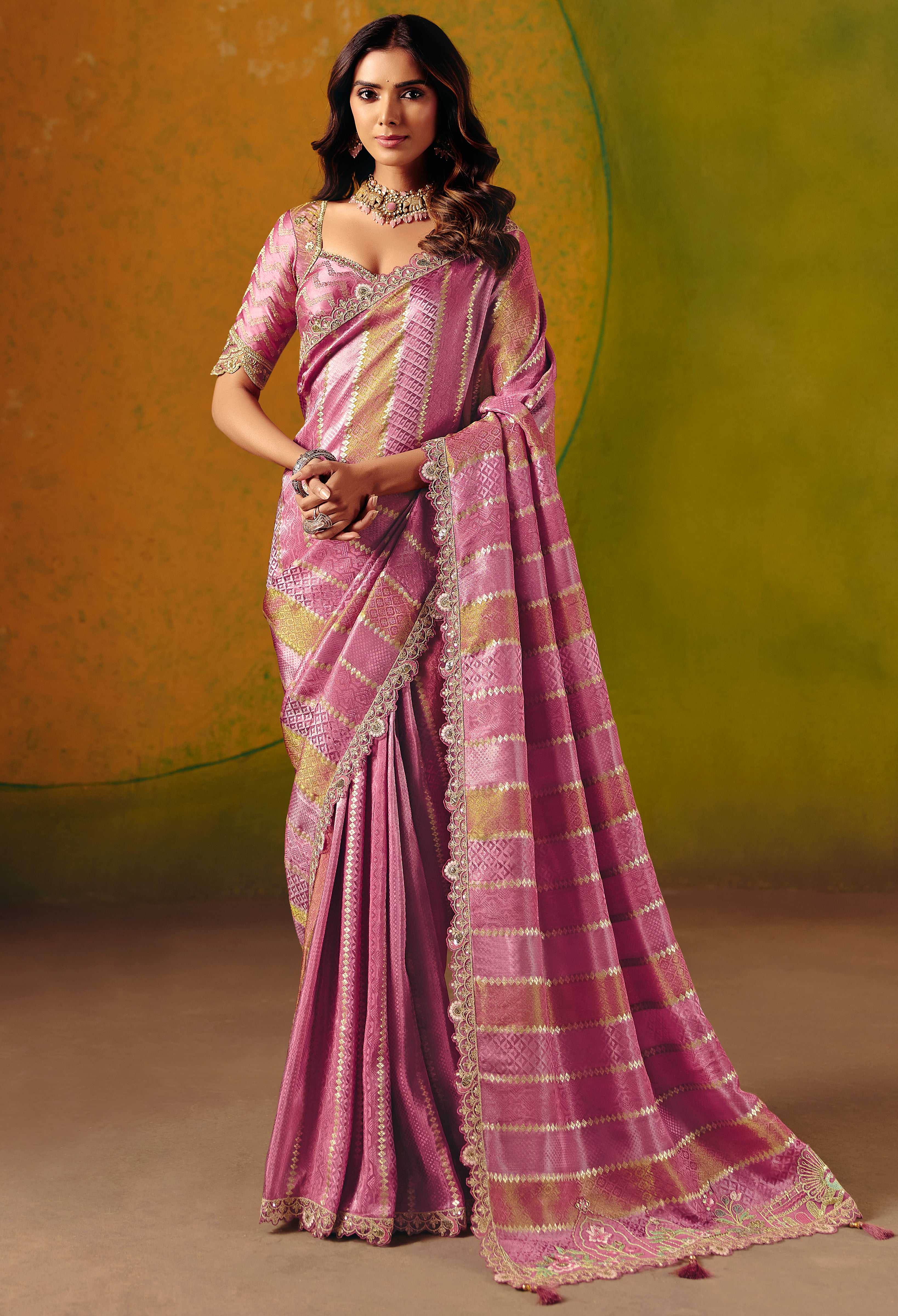 Onion Pink Saree With Jacquard Woven With Fancy Work Border