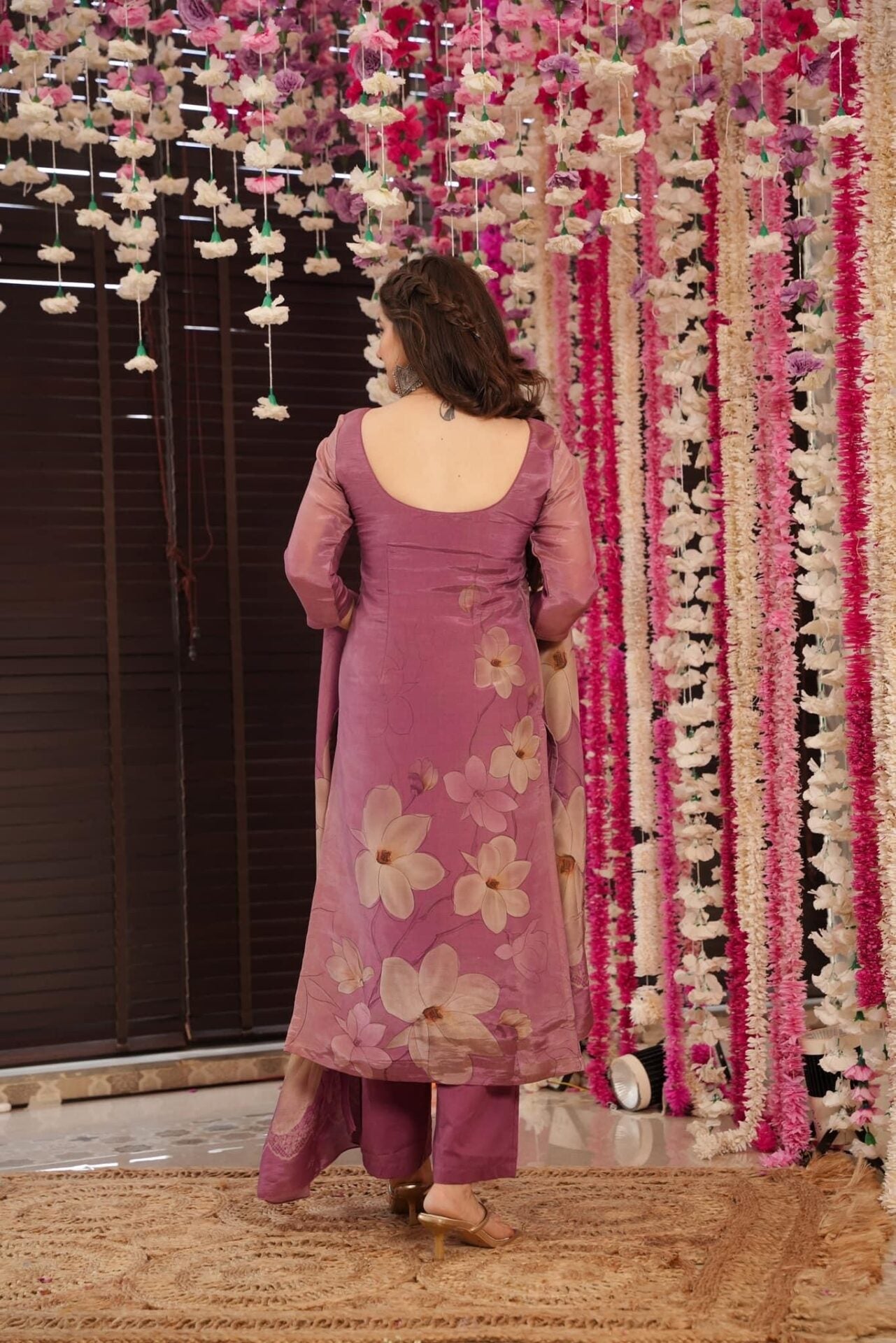 Onion Pink Silk Kurta Pant Set Printed